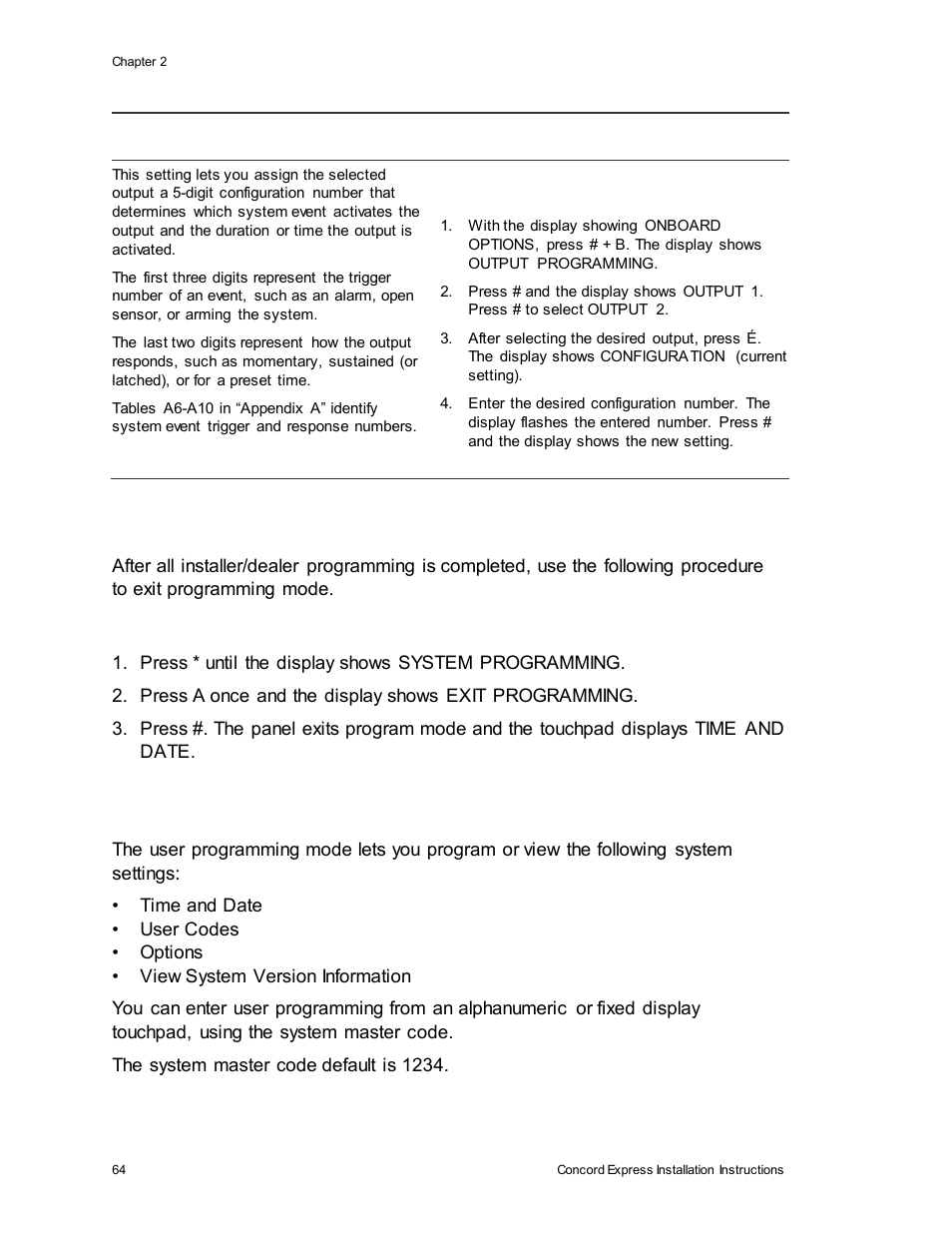 Exiting programming mode, Entering user programming mode | Interlogix Concord Express Installation Manual User Manual | Page 70 / 117