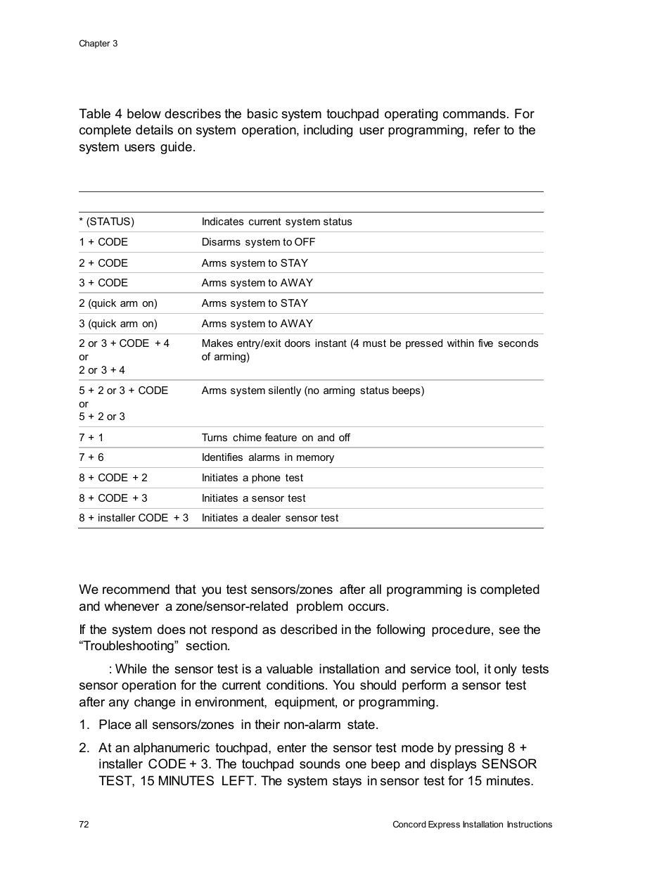 Basic system commands, Testing zones/sensors | Interlogix Concord Express Installation Manual User Manual | Page 78 / 117