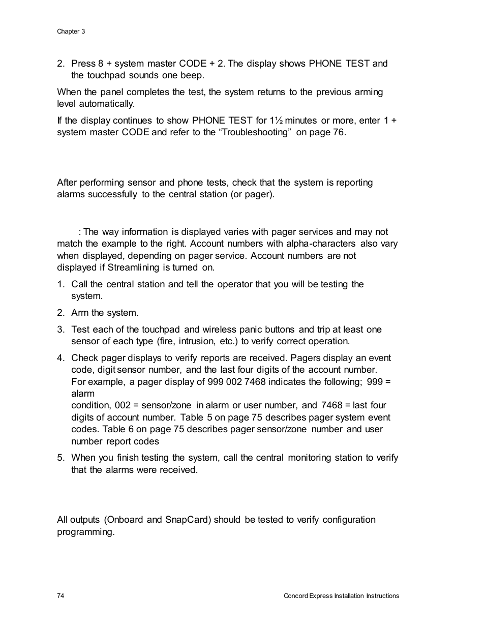 Testing central station/pager communication, Testing outputs/sirens | Interlogix Concord Express Installation Manual User Manual | Page 80 / 117