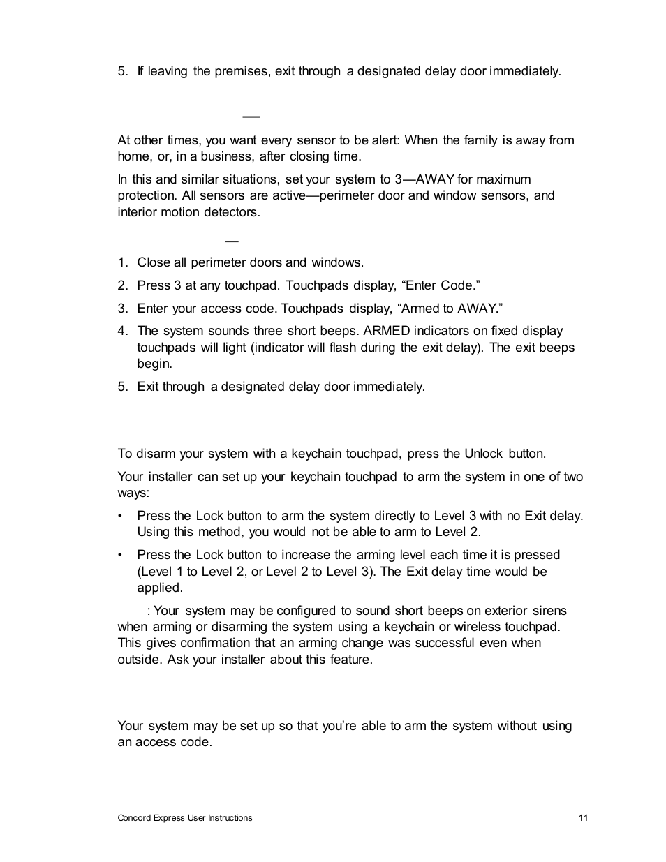 Keychain touchpad arming, Quick arm, Arming level 3 —away | Interlogix Concord Express User Manual User Manual | Page 17 / 62