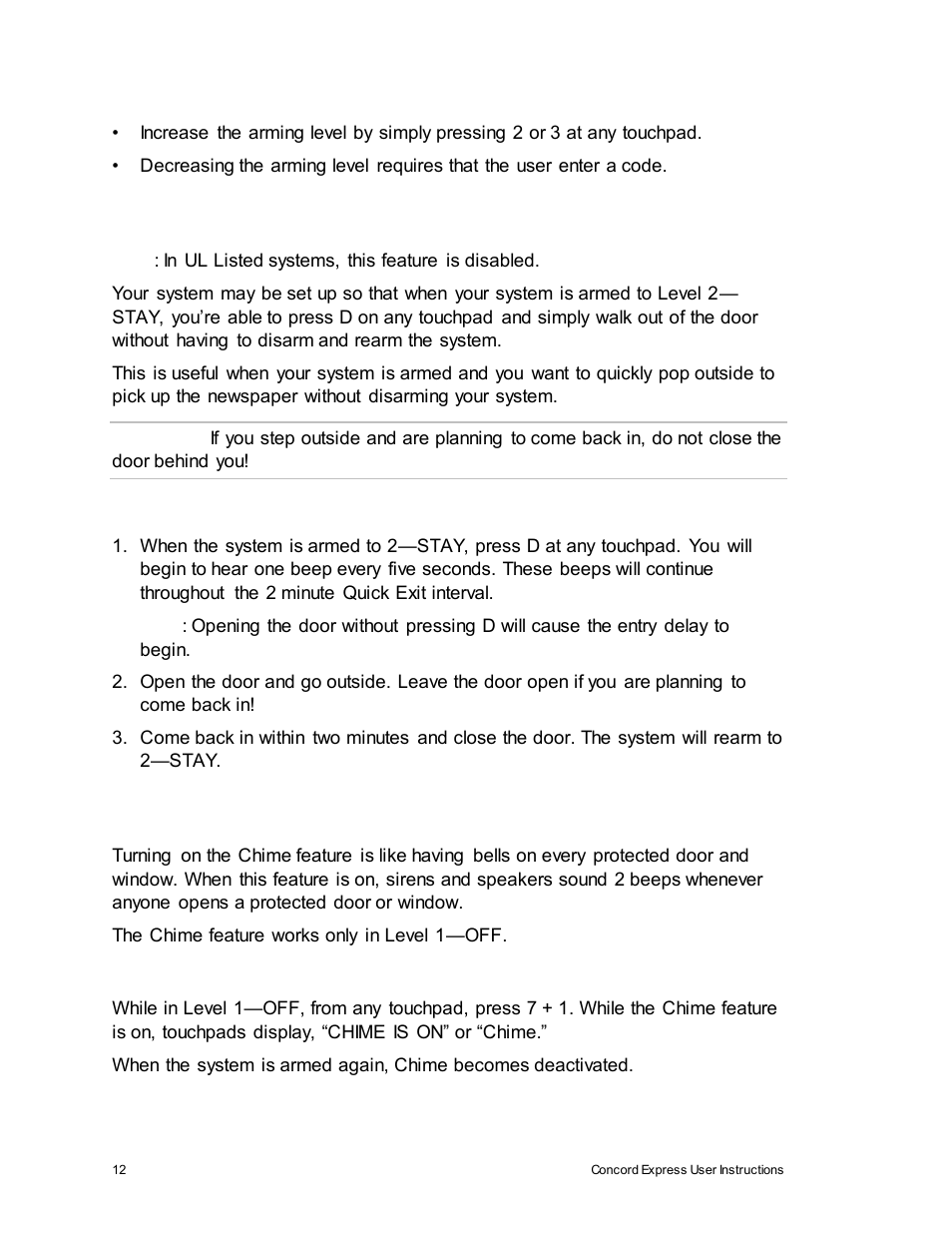 Quick exit, Using the chime feature | Interlogix Concord Express User Manual User Manual | Page 18 / 62