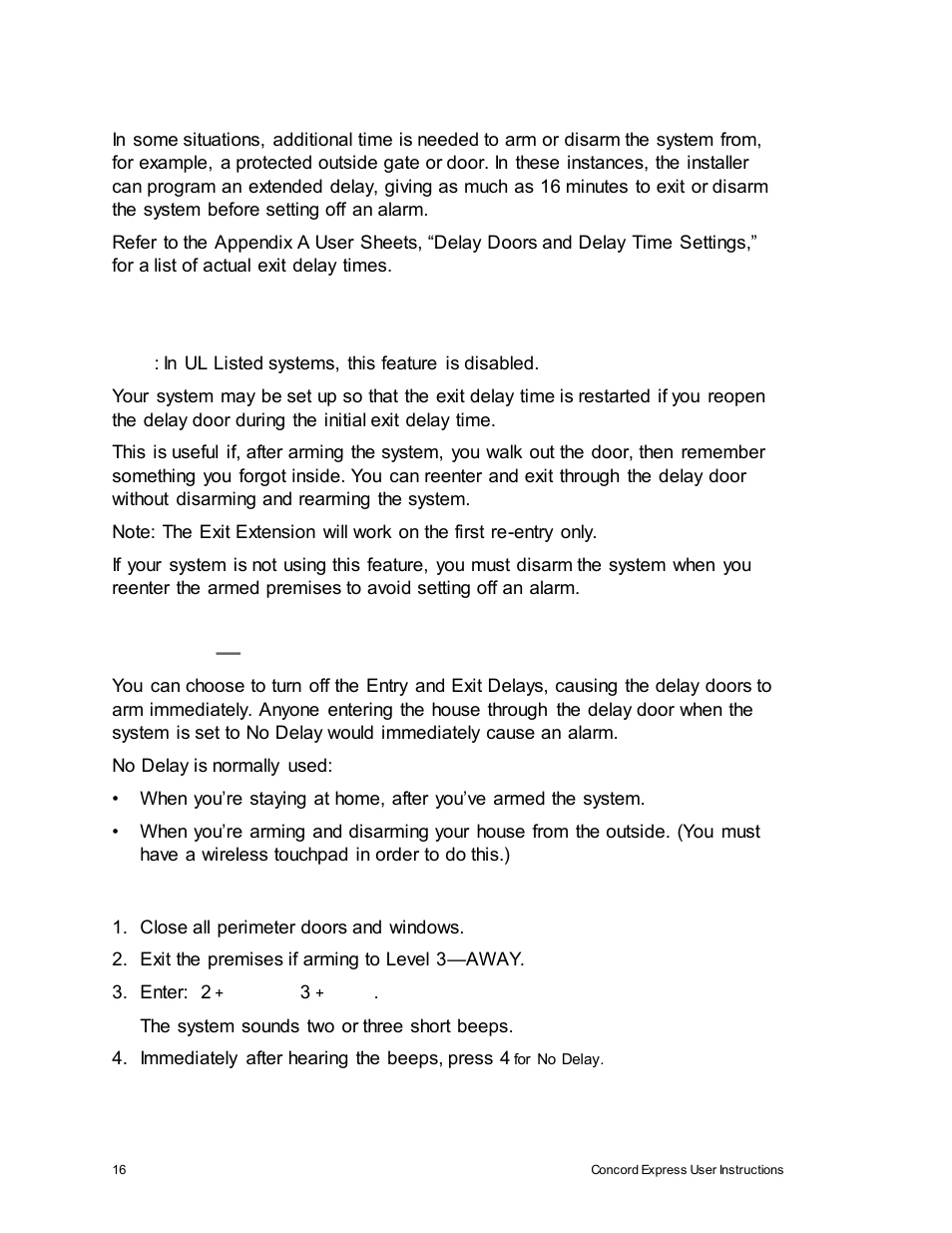 Extended delay, Exit extension, No delay —for instant alarm | Interlogix Concord Express User Manual User Manual | Page 22 / 62