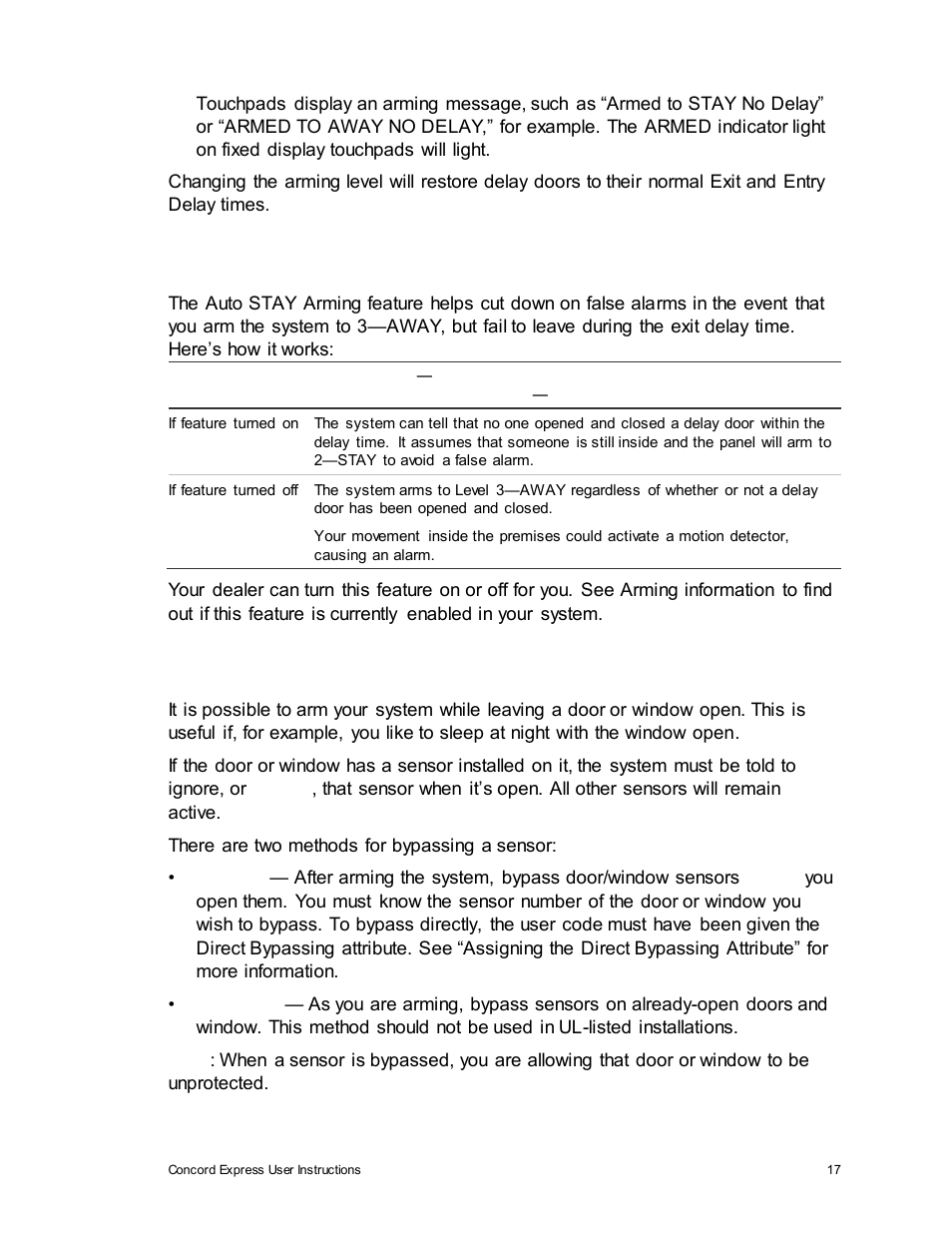 Arming while a door or window is open, Auto stay arming feature | Interlogix Concord Express User Manual User Manual | Page 23 / 62