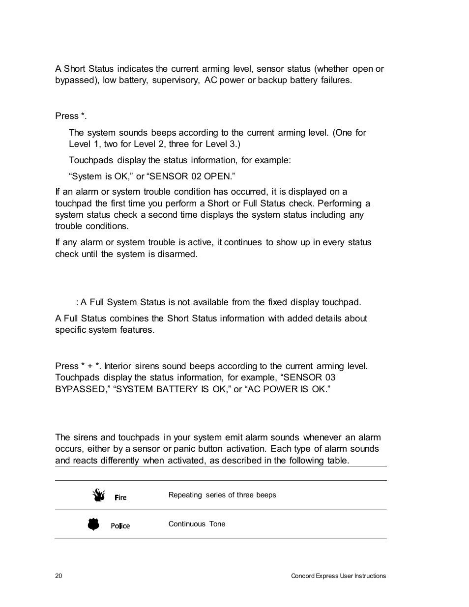 Short system status, Full system status, System alarm sounds | Interlogix Concord Express User Manual User Manual | Page 26 / 62