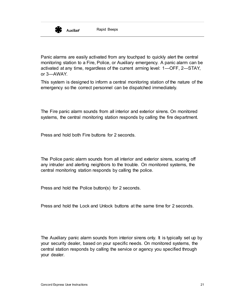 Panic alarms, Fire panic, Police panic alarm | Auxiliary panic alarm | Interlogix Concord Express User Manual User Manual | Page 27 / 62