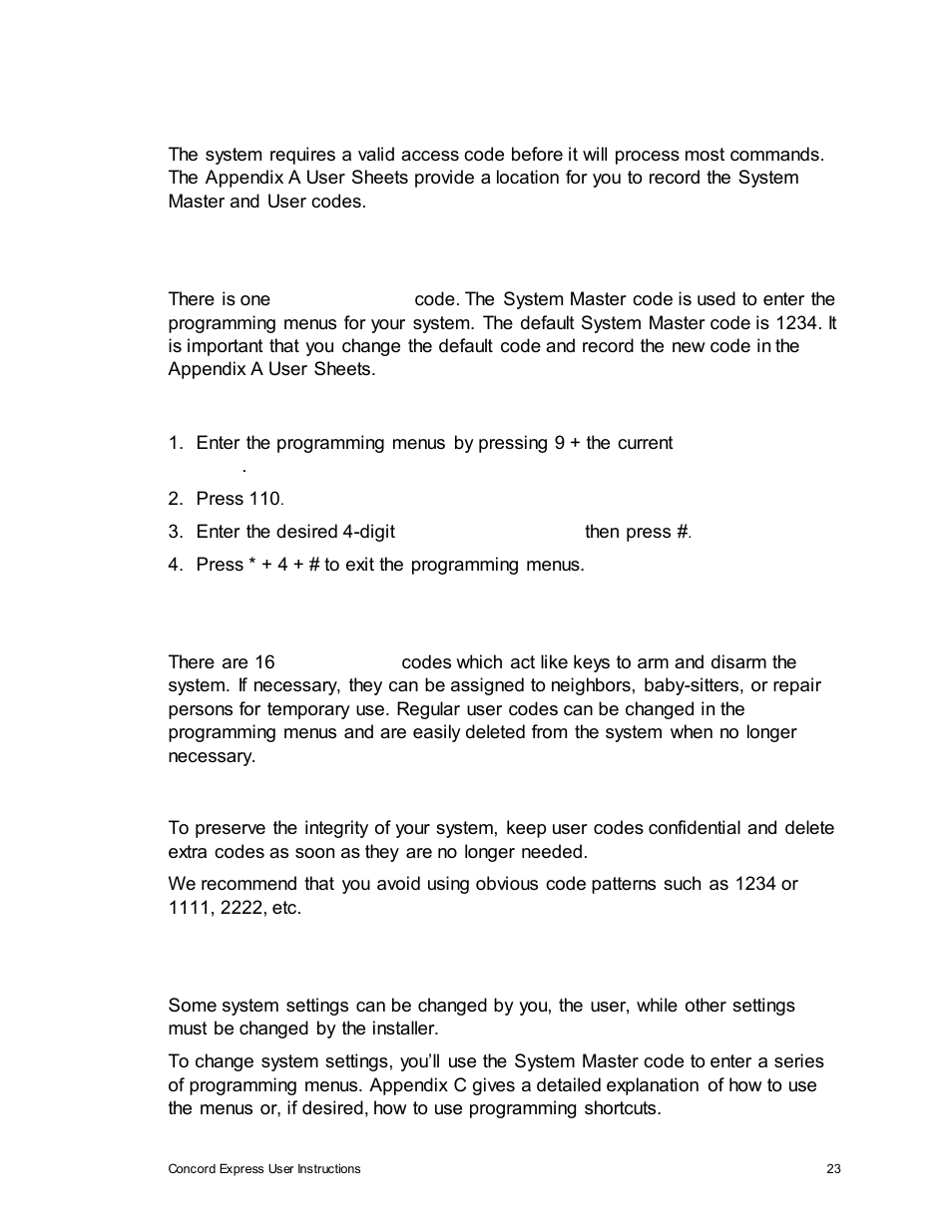 Access codes, System master code, Regular user codes | Using the programming menus | Interlogix Concord Express User Manual User Manual | Page 29 / 62