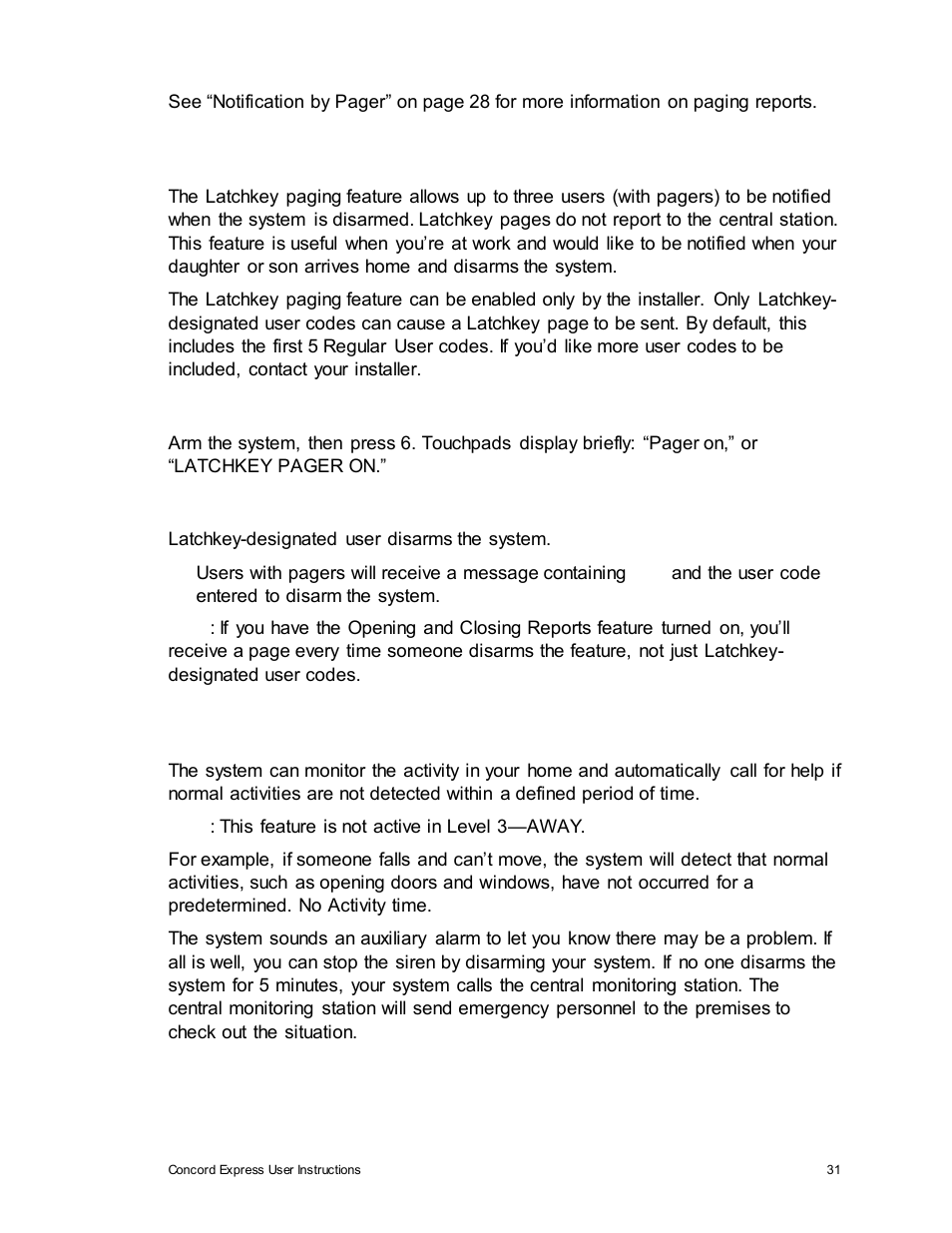 Latchkey paging, No activity feature | Interlogix Concord Express User Manual User Manual | Page 37 / 62