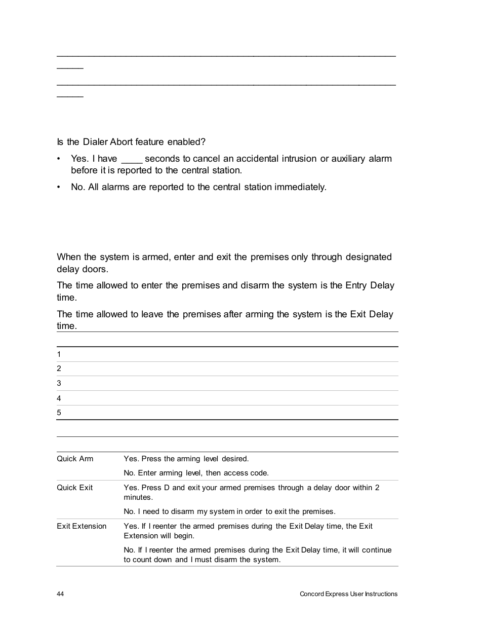 Dialer abort, Arming information | Interlogix Concord Express User Manual User Manual | Page 50 / 62