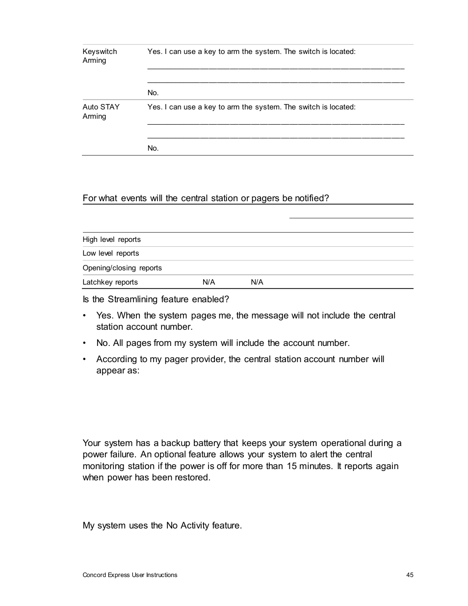 Paging, If the power goes out, No activity time | Interlogix Concord Express User Manual User Manual | Page 51 / 62