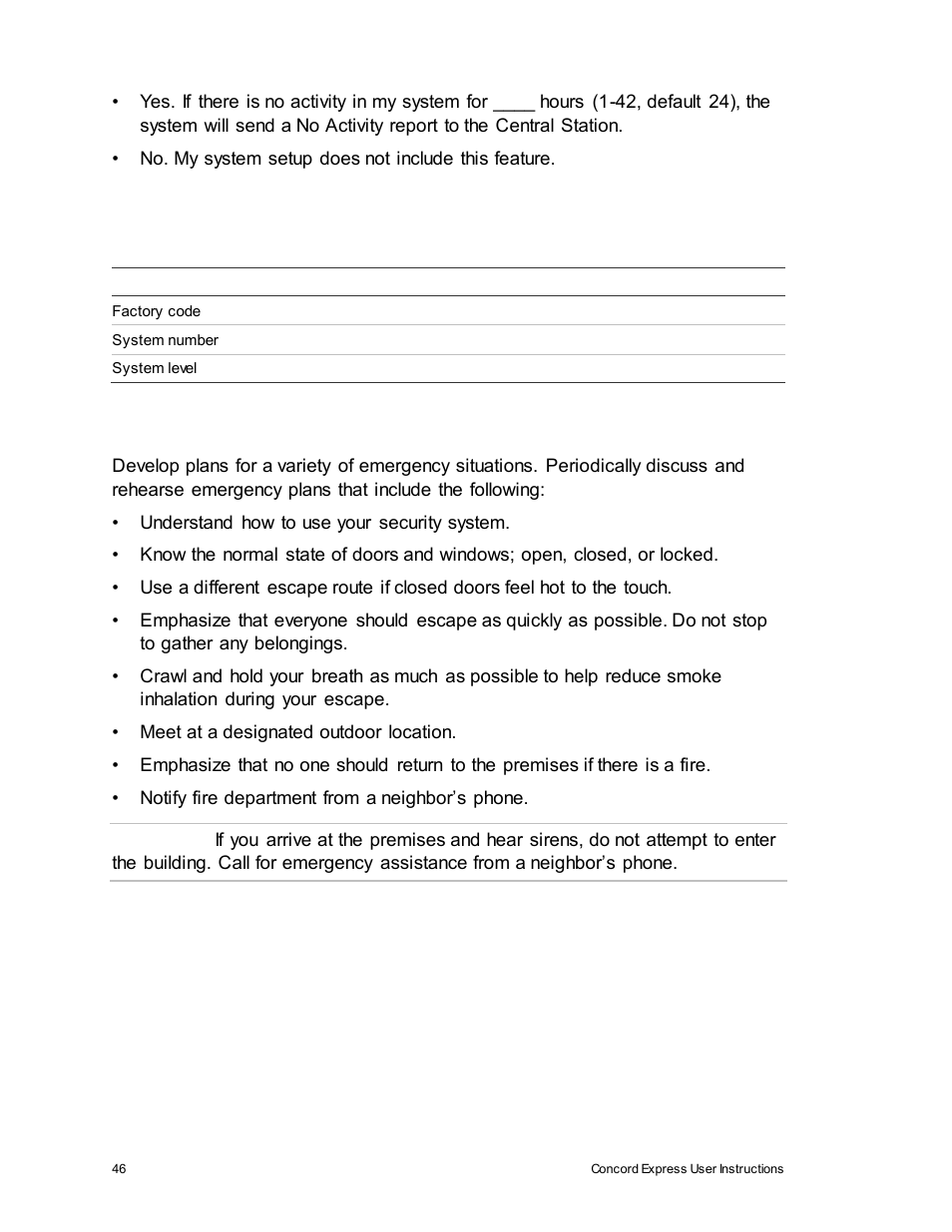 Appendix b: planning for emergencies, System information | Interlogix Concord Express User Manual User Manual | Page 52 / 62