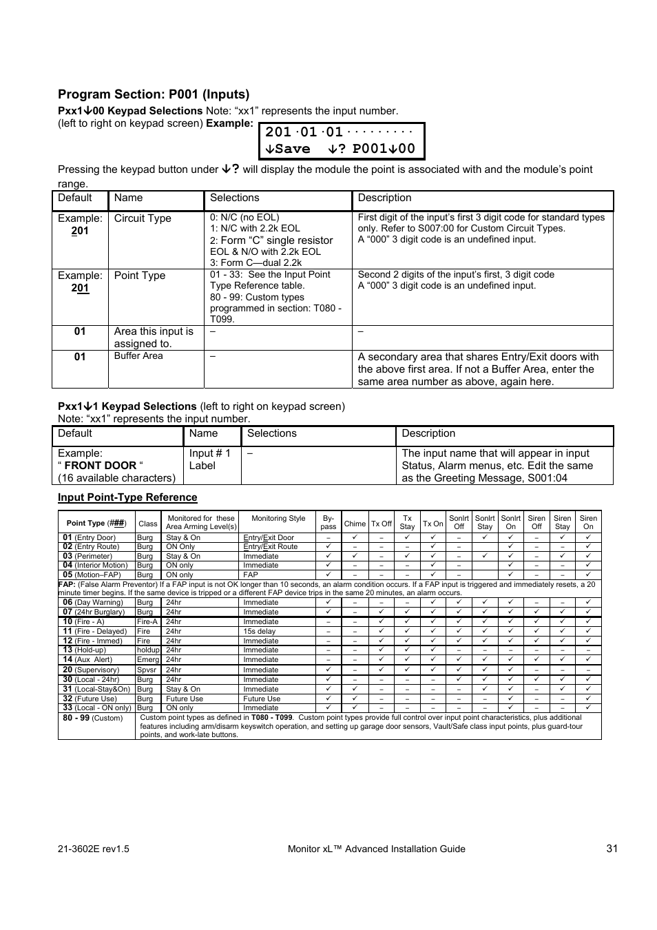 Save, P001, Form “c” single resistor | Example: 201 point type, 01 area this input is assigned to, Input point-type reference | Interlogix Monitor XL Advanced Installation Guide User Manual | Page 37 / 76