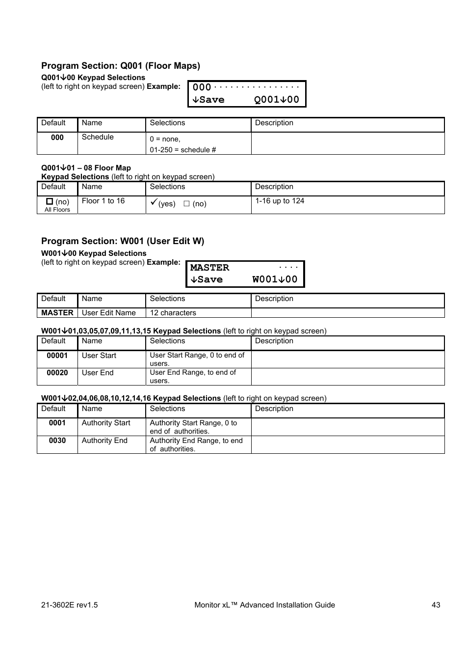 Master, Save w001, Save q001 | Interlogix Monitor XL Advanced Installation Guide User Manual | Page 49 / 76