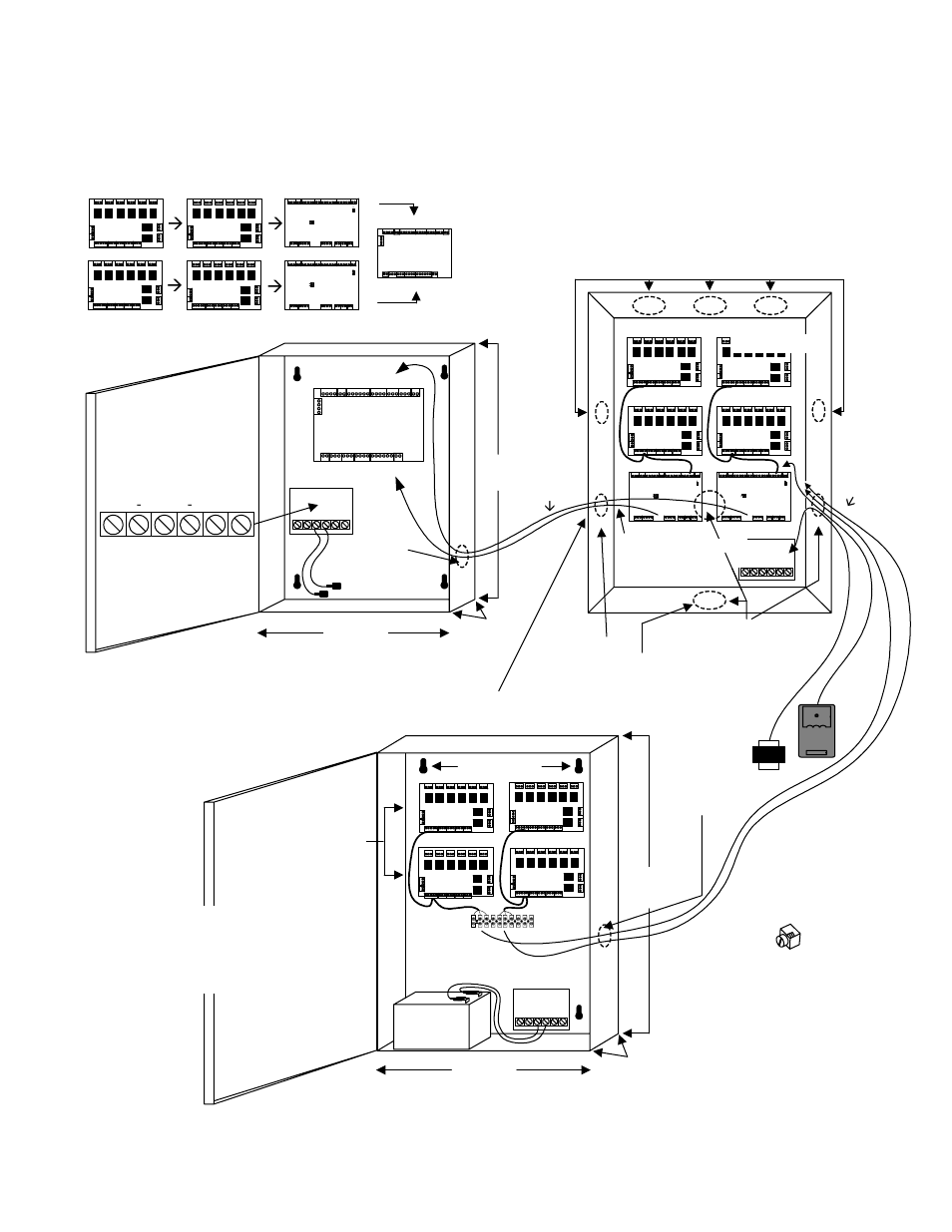 Elevator / lift modules, Mounting and cabling, 2 elevator controller | Elevator expansion cabinet, Elevator starter cabinet, Elevator system board progression, Monitor ism/xl™ hardware guide 35, 2 elevator module, Elevator relay boards, Battery | Interlogix Monitor XL Hardware Guide User Manual | Page 39 / 66