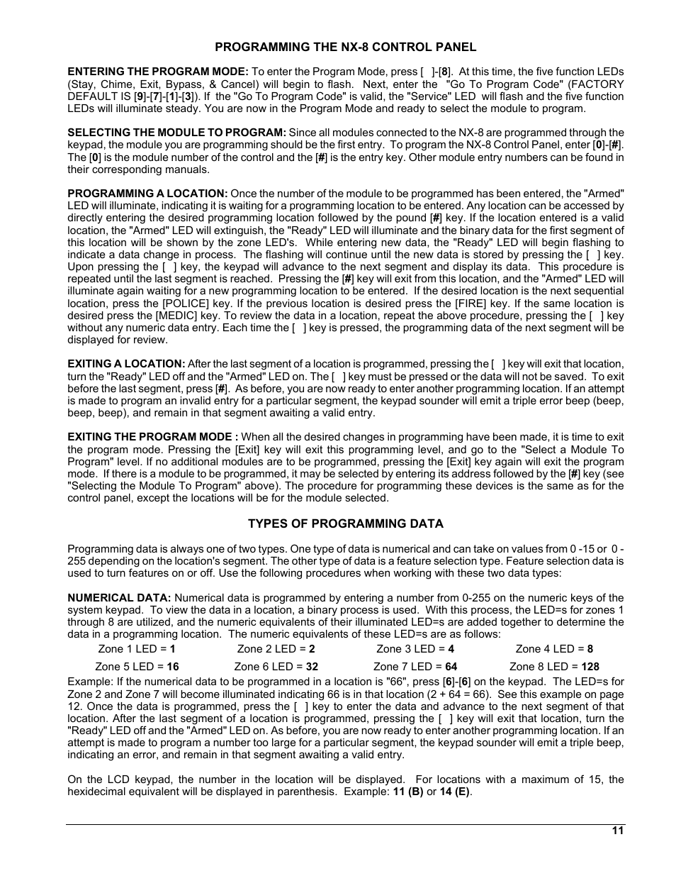 Programming the nx-8 control panel, Types of programming data, Control panel programming locations | Default zone types (configurations), Nx-8 wiring diagram, Specifications | Interlogix NX-8 User Manual | Page 11 / 61