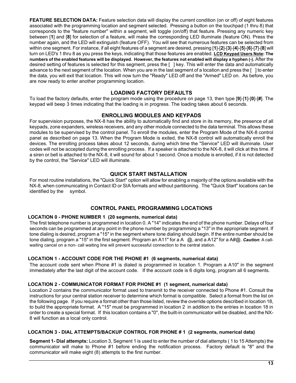 Loading factory defaults, Enrolling modules and keypads, Quick start installation | Control panel programming locations, General description, Board installation, Types of programming data, Communicator format selecti, Reporting events to phone numbe, Nx-8 programming worksheets | Interlogix NX-8 User Manual | Page 13 / 61