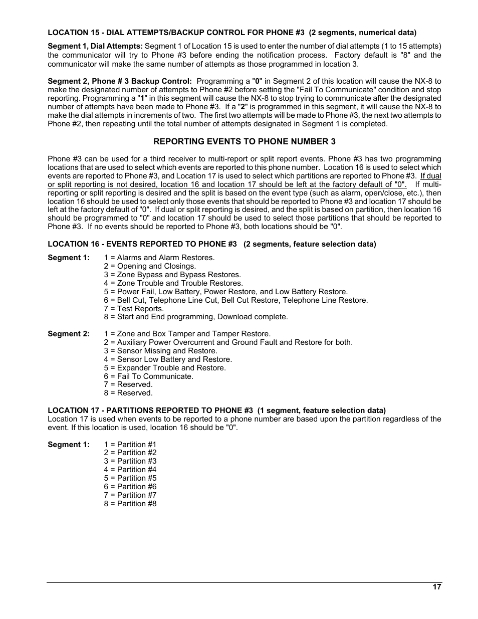 Reporting events to phone number 3 | Interlogix NX-8 User Manual | Page 17 / 61