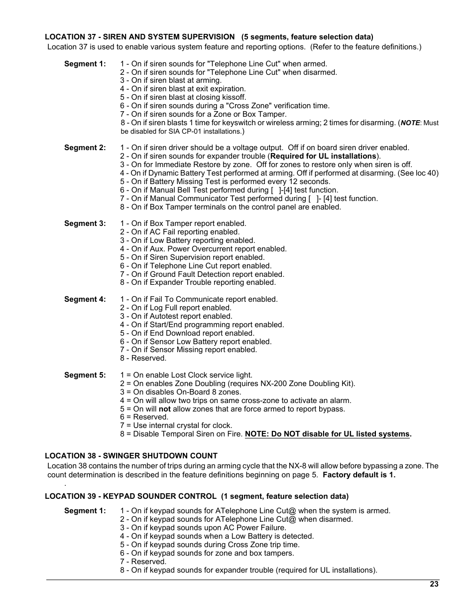 Location 38 - swinger shutdown count, 23 a, S 23 | E 23) | Interlogix NX-8 User Manual | Page 23 / 61
