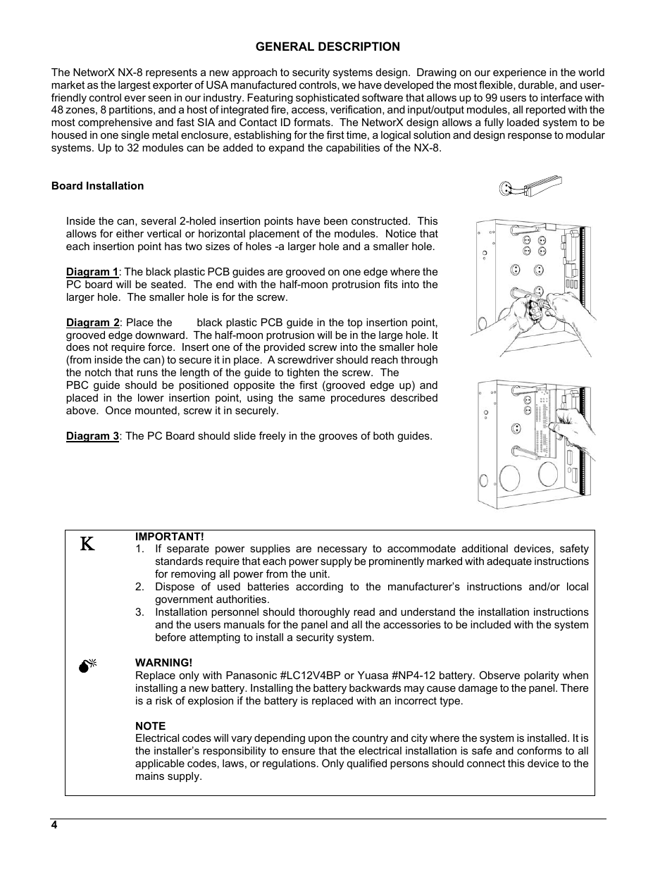 General description, Board installation, Feature definitions | Enrolling modules and, Reporting events to phone nu, Appendix 2 reporting zone cod, Underwriters laboratorie | Interlogix NX-8 User Manual | Page 4 / 61