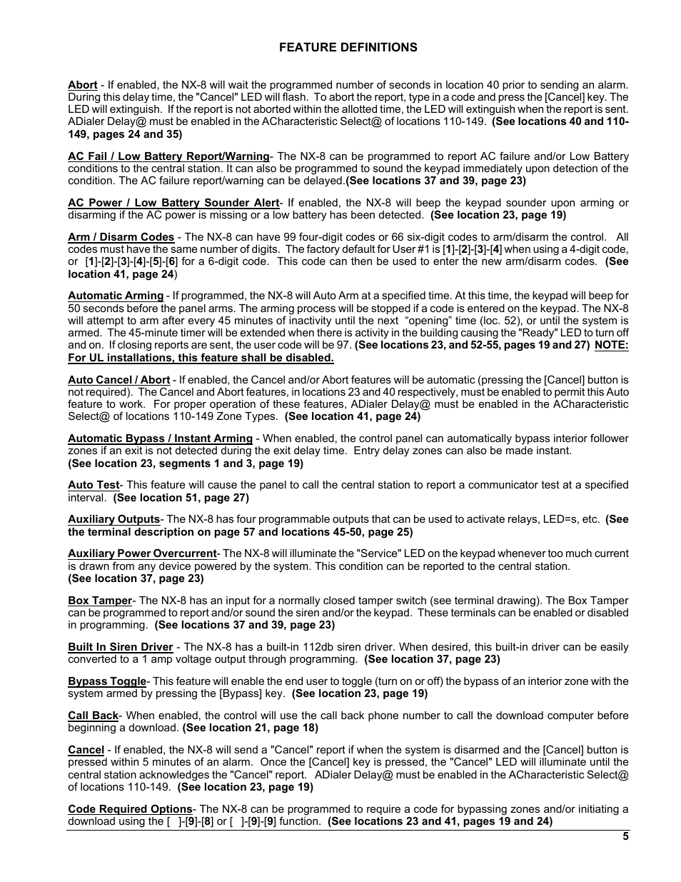 Feature definitions, Programming the led keypa, Quick start installa | Reporting events to phone nu, Appendix 3 expander nu, Ansi / sia cp-01 requ | Interlogix NX-8 User Manual | Page 5 / 61