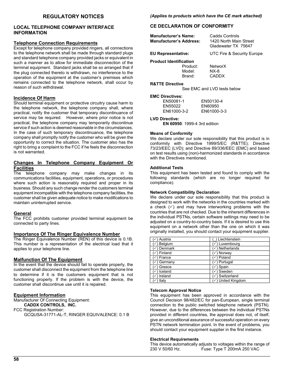 Regulatory notices, Local telephone company interface information, Equipment information | Ce declaration of conformity, Product identification, Brand: caddx, R&tte directive, Emc directives, Lvd directive, Network compatibility declaration | Interlogix NX-8 User Manual | Page 58 / 61