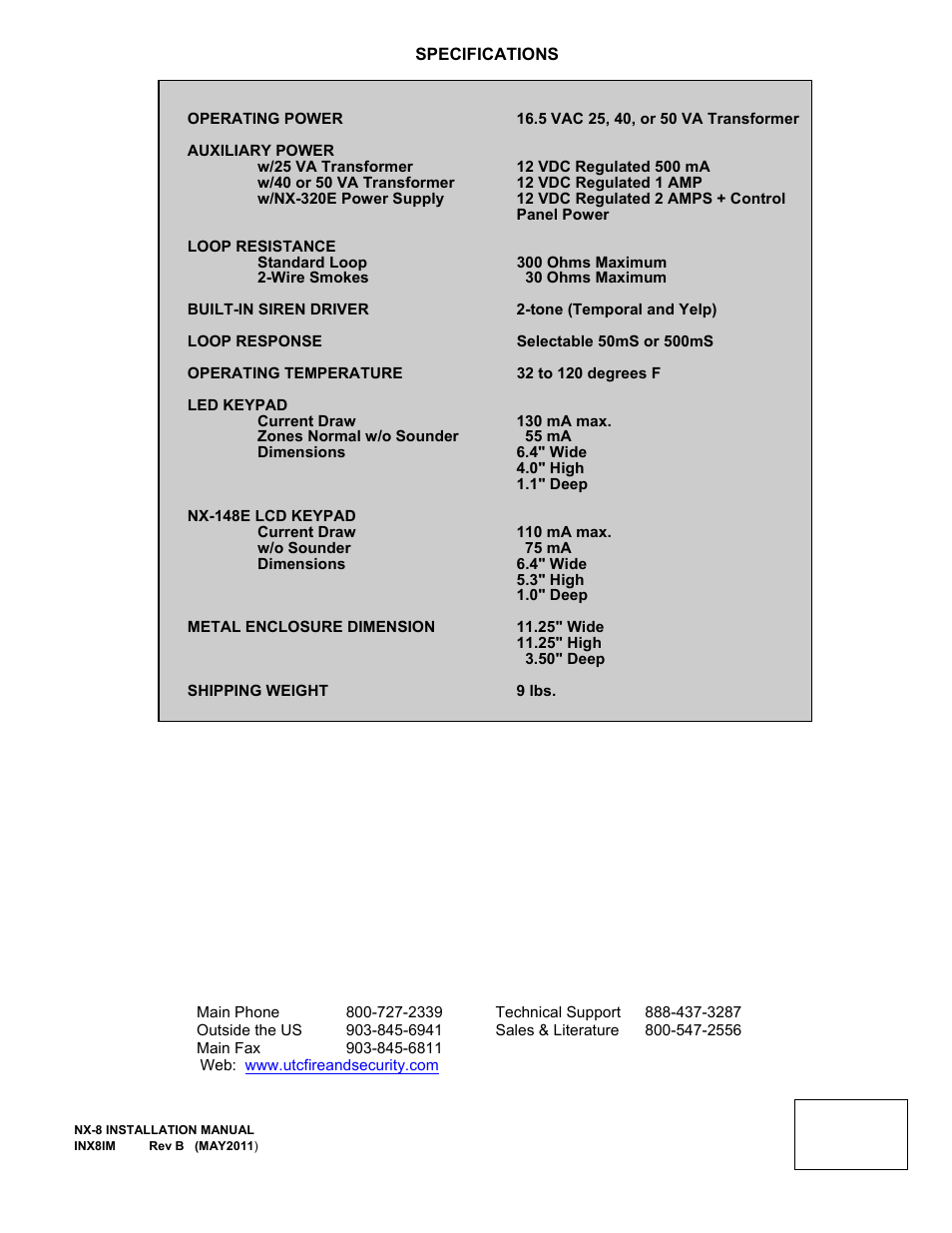 Specifications | Interlogix NX-8 User Manual | Page 61 / 61