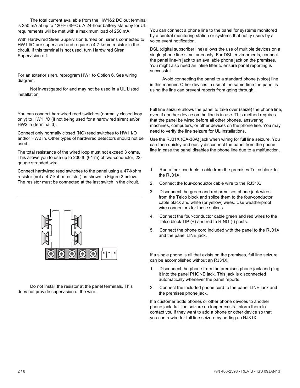 Exterior sirens, Hardwired contacts, Wiring phone lines | Full line seizure, Full line seizure wiring with one premises phone, Lulqjskrqholqhv | Interlogix Simon XT REV B Installation Manual User Manual | Page 2 / 8