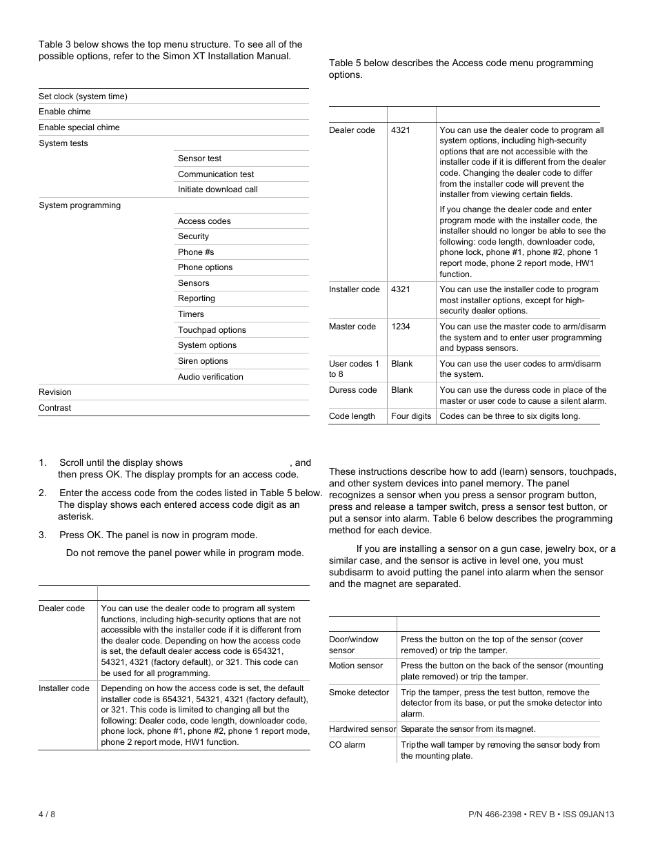 Access codes, Sensors | Interlogix Simon XT REV B Installation Manual User Manual | Page 4 / 8