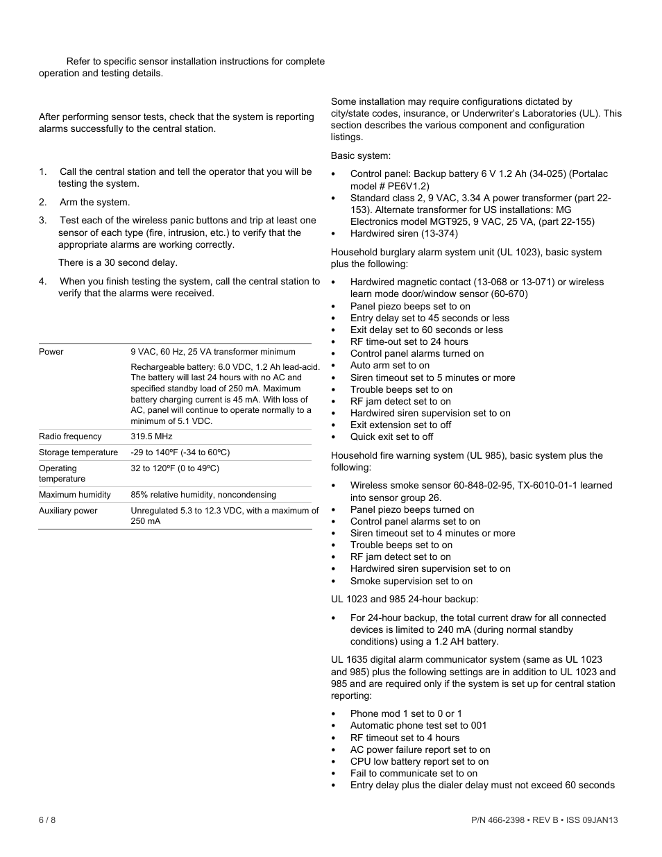 Central station communication, Specifications, Regulatory information | Ul listed installations, 6shflilfdwlrqv, 5hjxodwru\lqirupdwlrq | Interlogix Simon XT REV B Installation Manual User Manual | Page 6 / 8