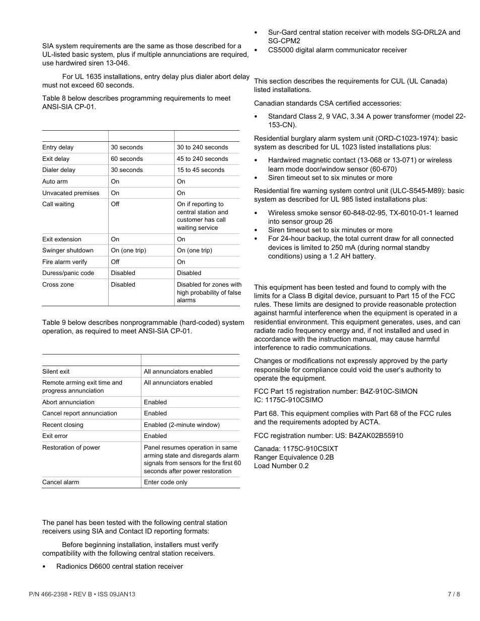 Sia system requirements, Central station reporting, Ul canada listed installations | Fcc compliance | Interlogix Simon XT REV B Installation Manual User Manual | Page 7 / 8