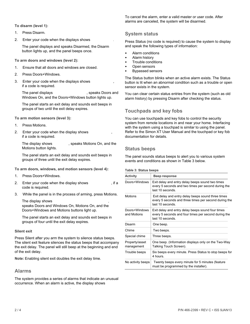 Silent exit, Alarms, System status | Touchpads and key fobs, Status beeps | Interlogix Simon XT Quick Start User Manual | Page 2 / 4