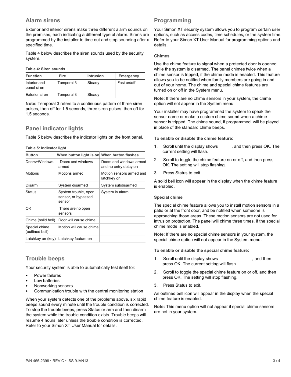 Alarm sirens, Panel indicator lights, Trouble beeps | Programming, Chimes, Special chime | Interlogix Simon XT Quick Start User Manual | Page 3 / 4