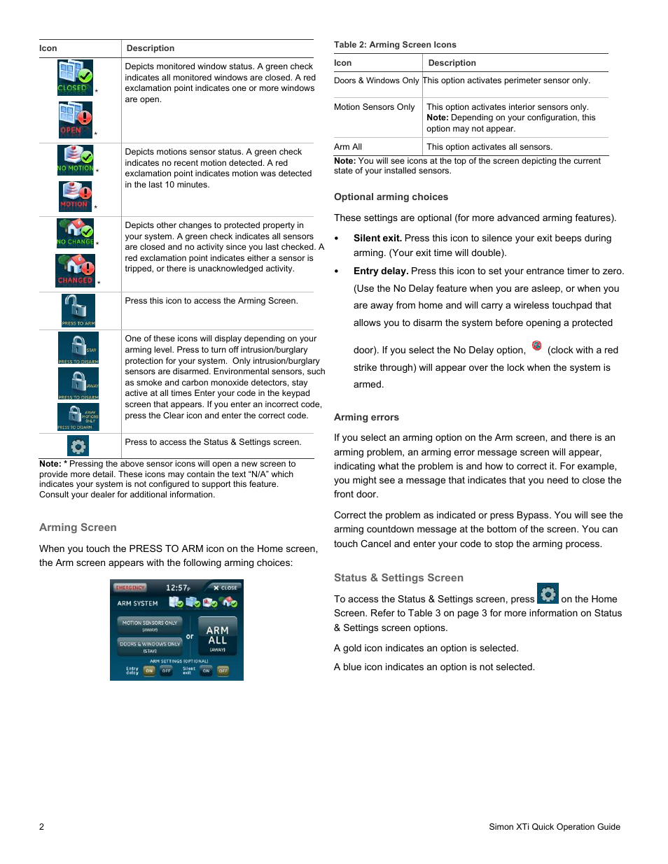 Arming screen, Optional arming choices, Arming errors | Status & settings screen | Interlogix Simon XTi Quick Start User Manual | Page 2 / 10