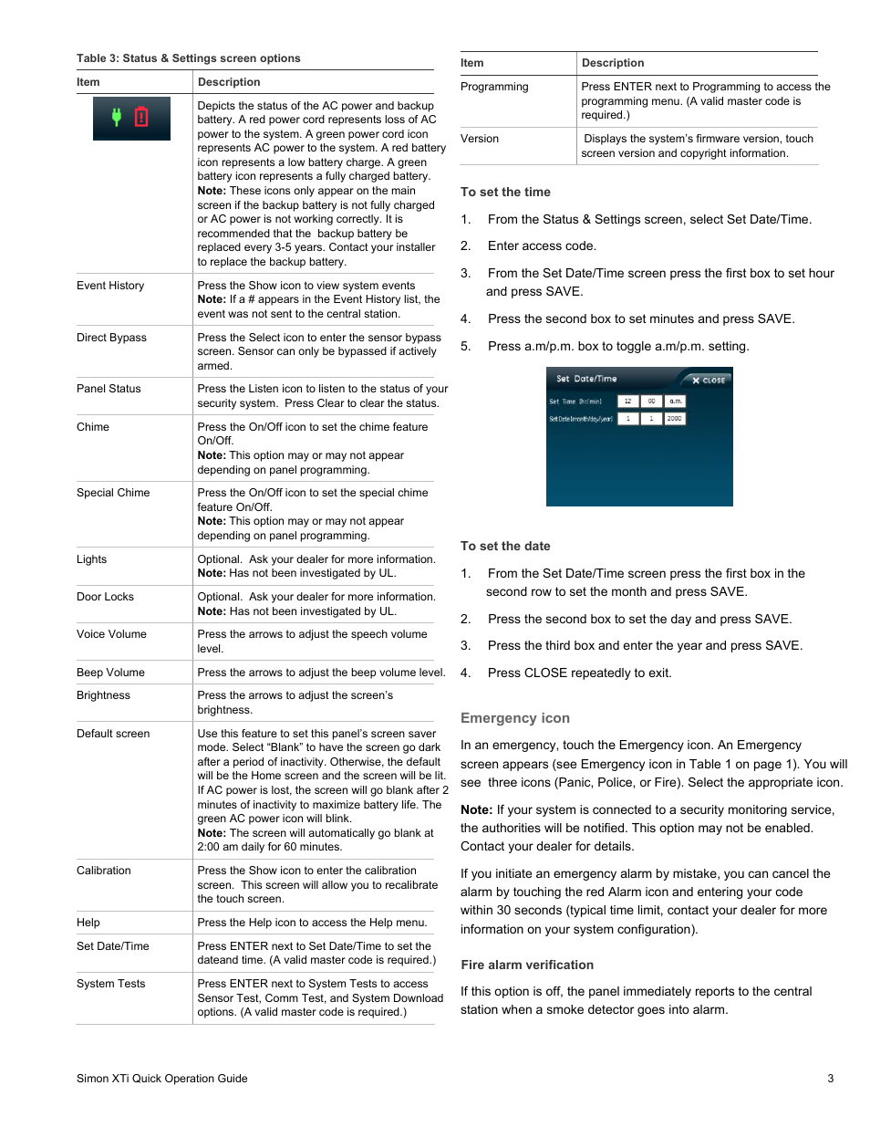 Emergency icon, Fire alarm verification | Interlogix Simon XTi Quick Start User Manual | Page 3 / 10