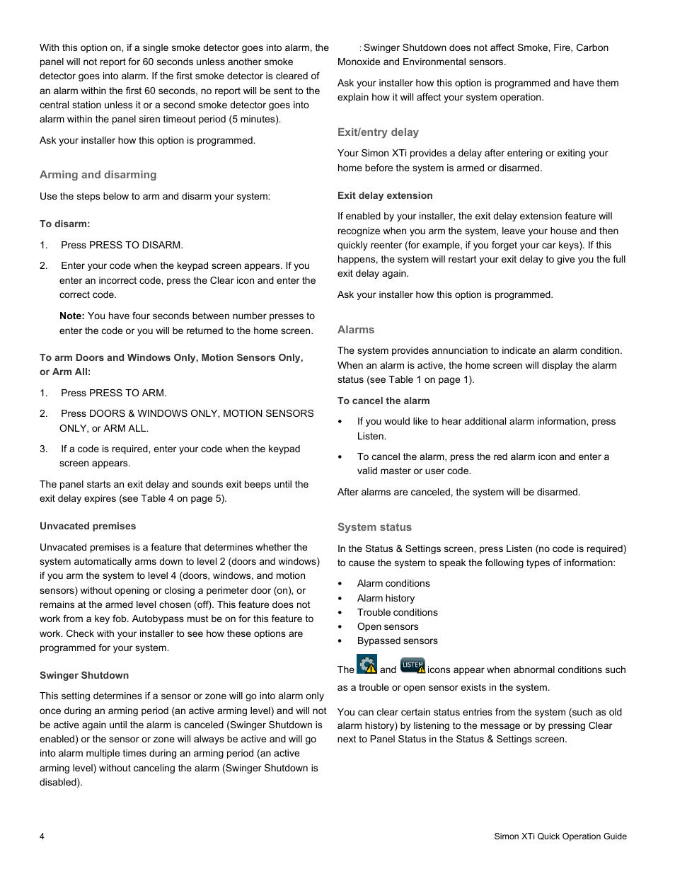 Arming and disarming, Unvacated premises, Exit/entry delay | Exit delay extension, Alarms, System status | Interlogix Simon XTi Quick Start User Manual | Page 4 / 10