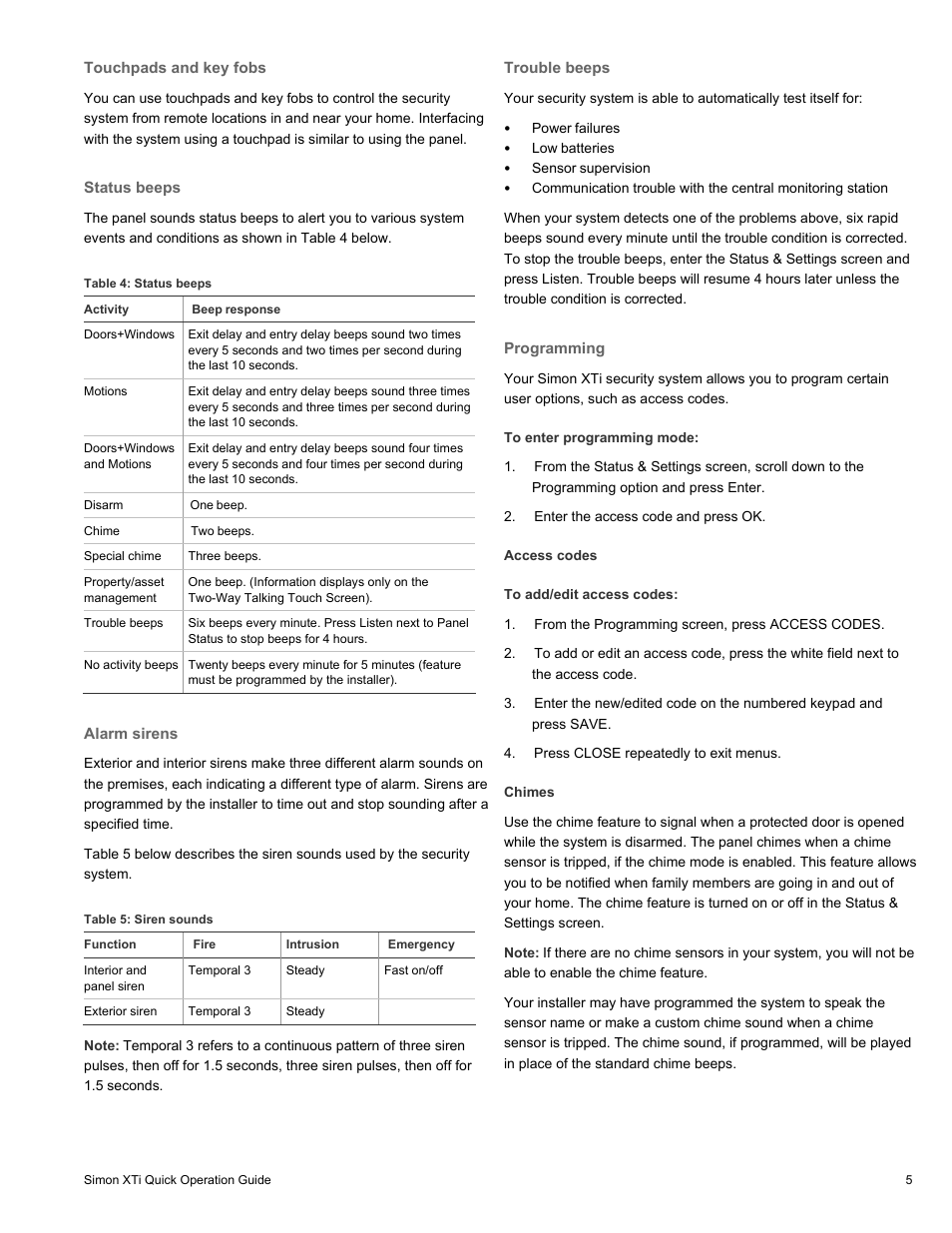 Touchpads and key fobs, Status beeps, Alarm sirens | Trouble beeps, Programming, Access codes, Chimes | Interlogix Simon XTi Quick Start User Manual | Page 5 / 10