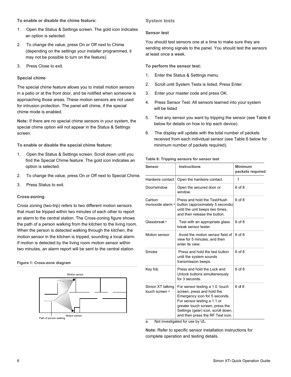 Special chime, Cross-zoning, System tests | Sensor test | Interlogix Simon XTi Quick Start User Manual | Page 6 / 10