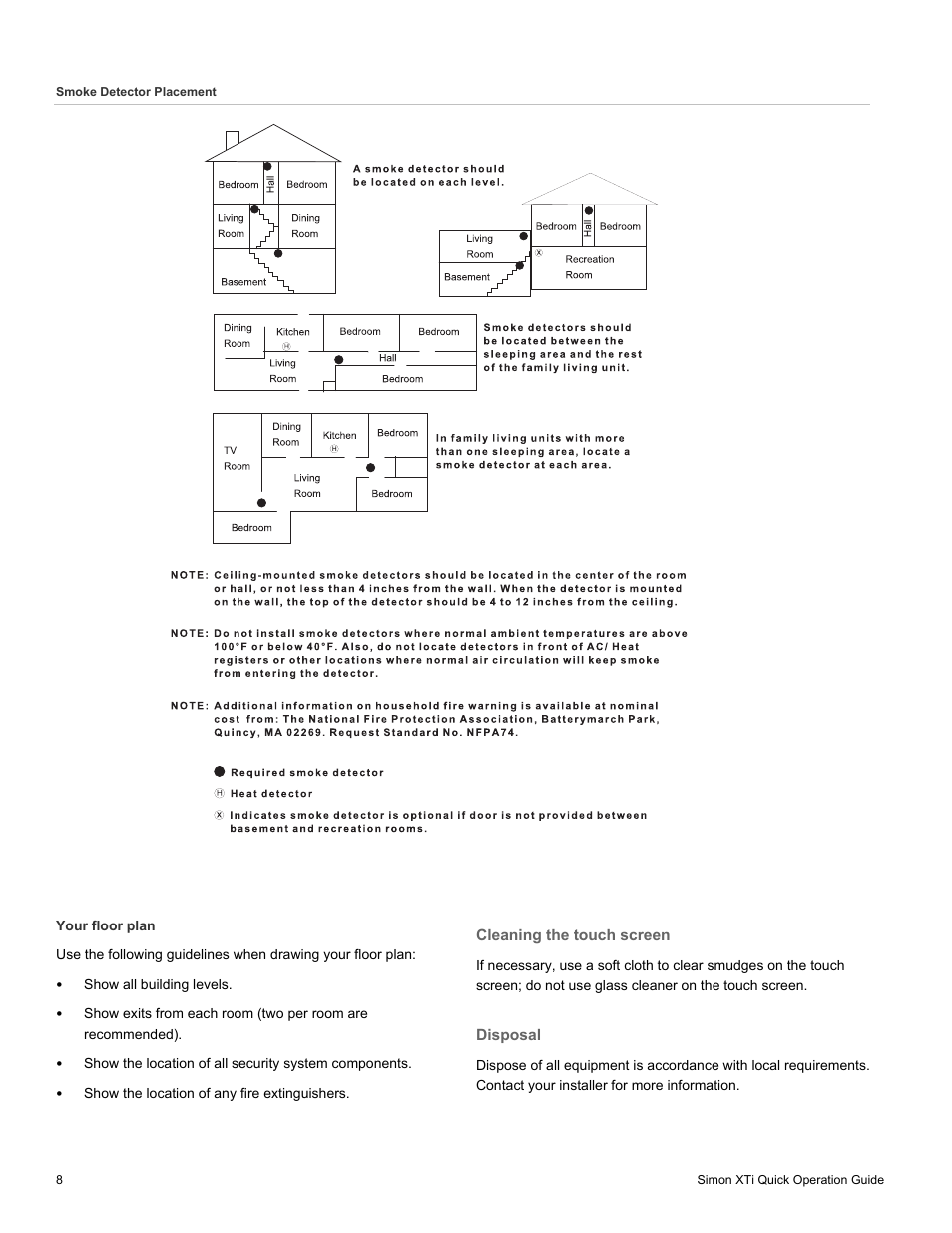 Your floor plan, Cleaning the touch screen, Disposal | Interlogix Simon XTi Quick Start User Manual | Page 8 / 10