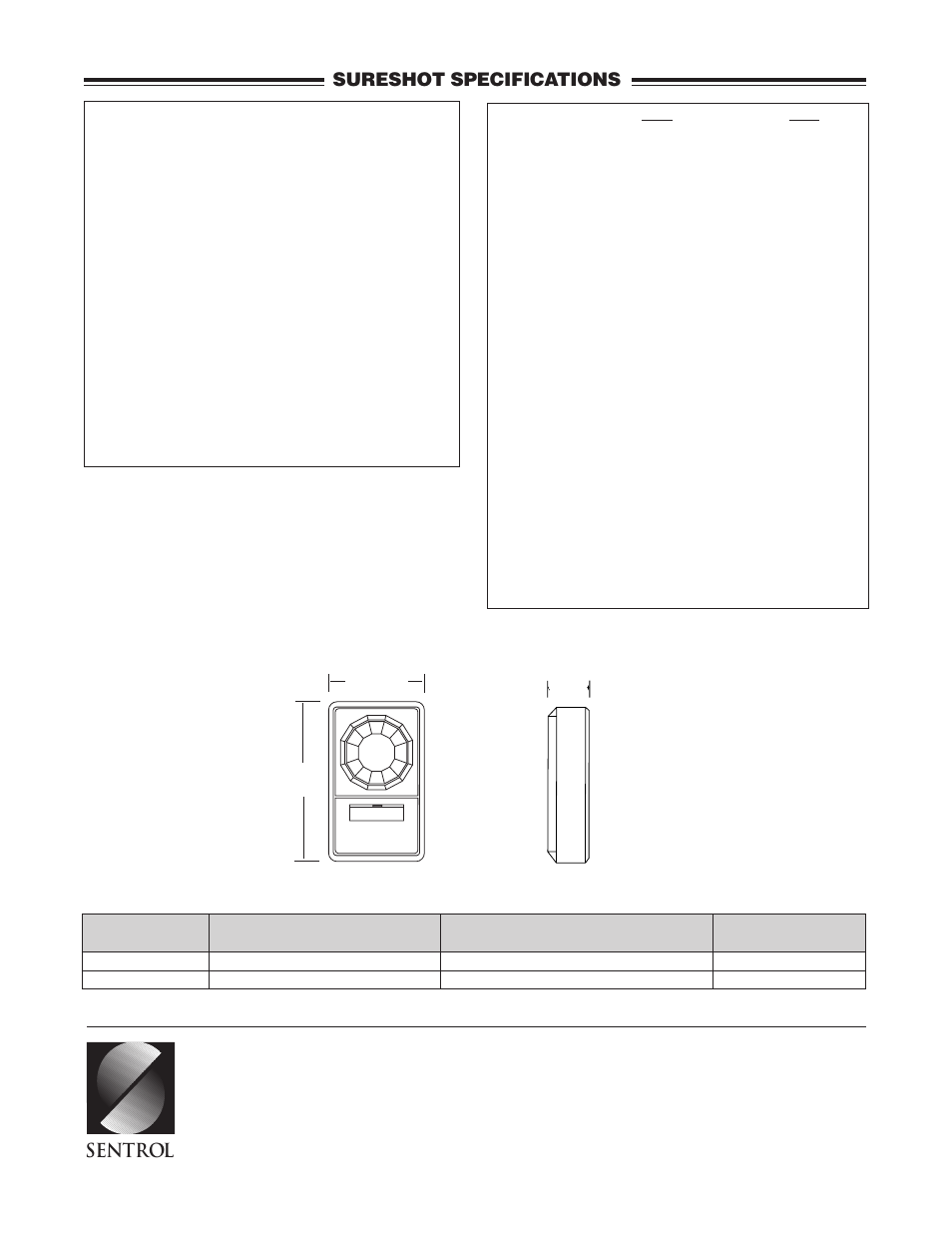 Sureshot specifications, Side view, Sentrol | Front view | Interlogix 6250 Series User Manual | Page 4 / 4