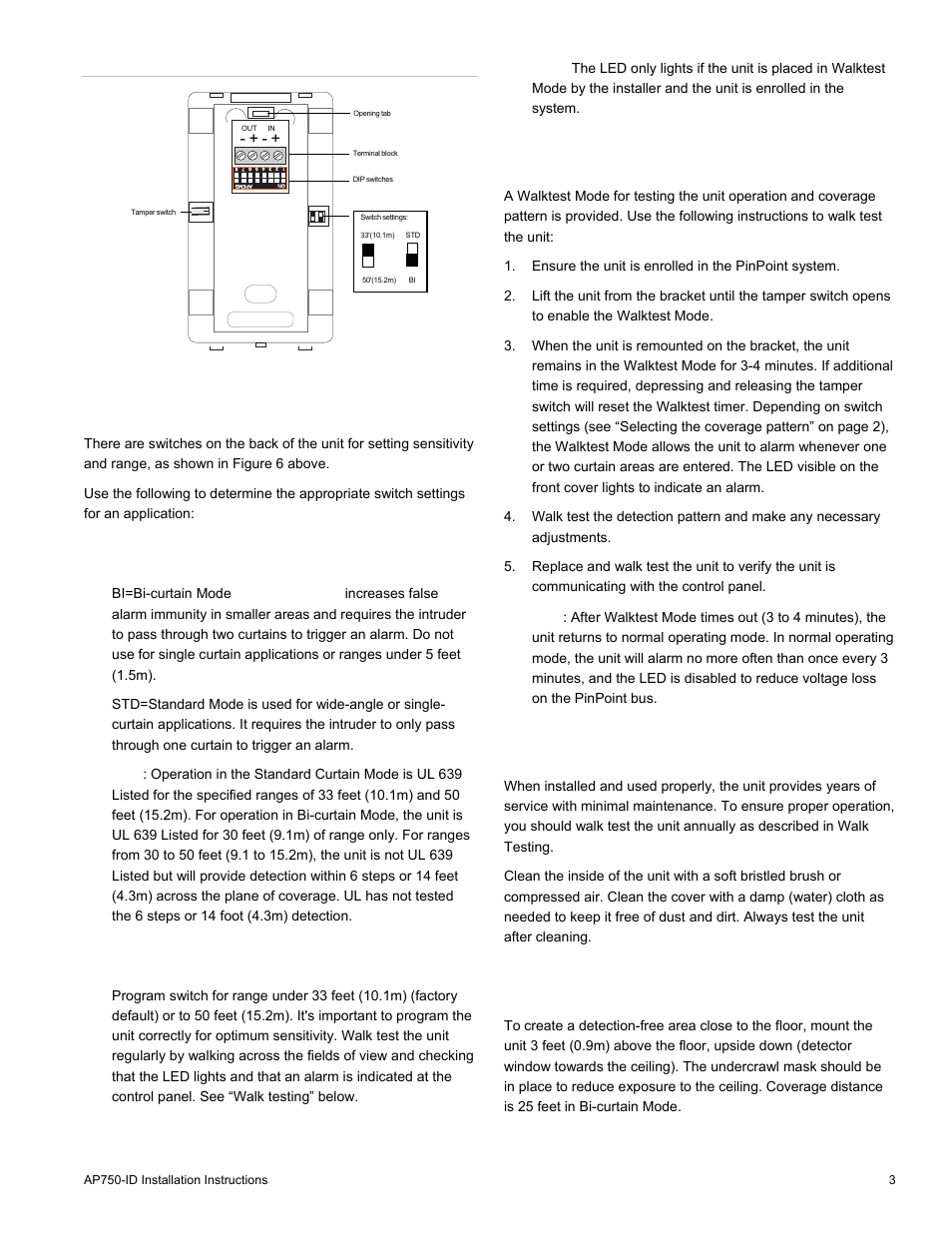 Setting the sensitivity and range switches, Mode, Range | Walk testing, Maintenance, Pet alley application, Es. see figure 6 on | Interlogix AP750-ID User Manual | Page 3 / 4