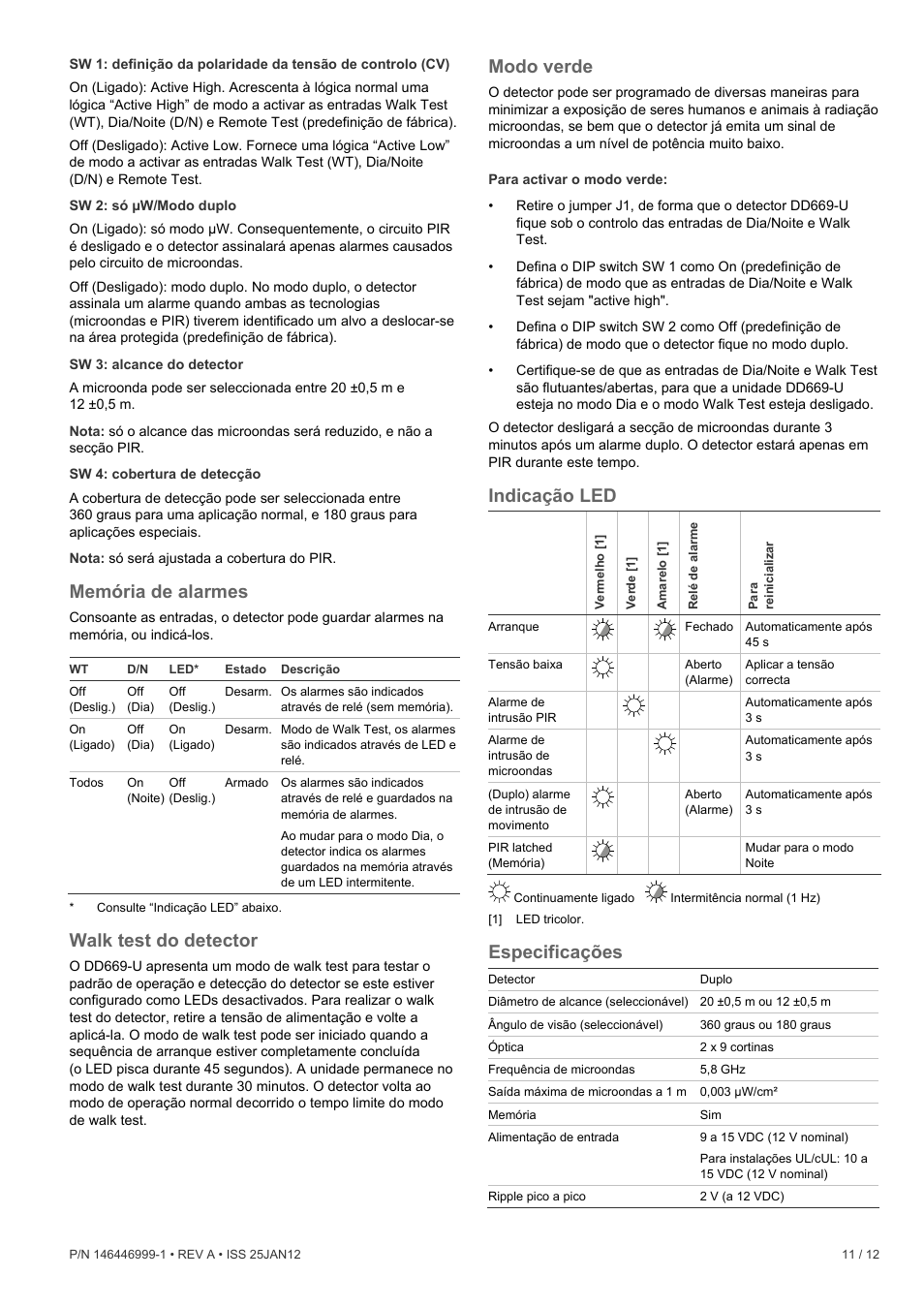 Memória de alarmes, Walk test do detector, Modo verde | Indicação led, Especificações | Interlogix DD669-U User Manual | Page 11 / 12