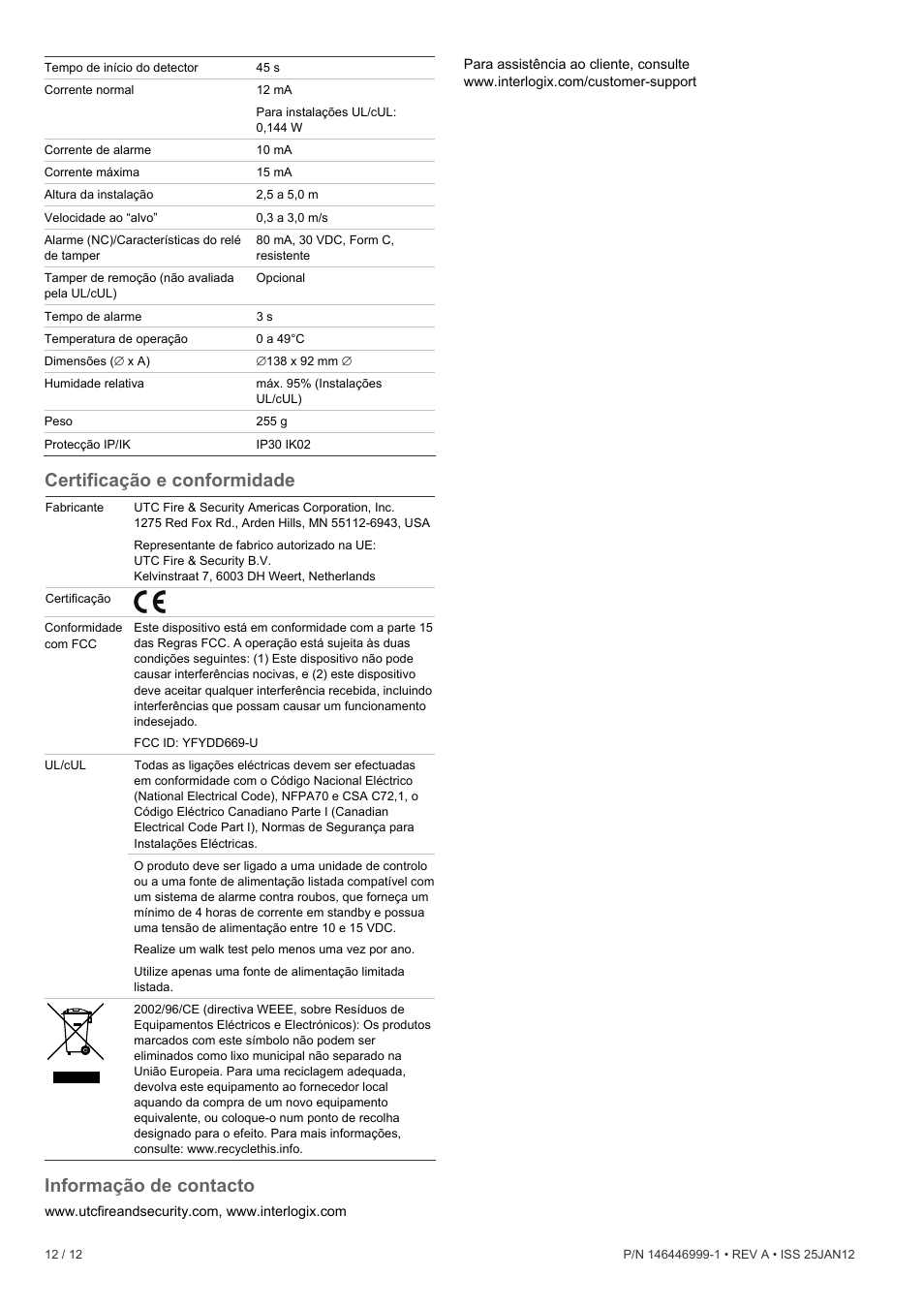 Certificação e conformidade, Informação de contacto | Interlogix DD669-U User Manual | Page 12 / 12