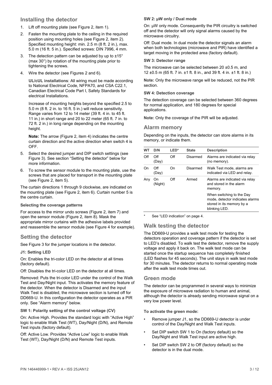 Installing the detector, Setting the detector, Walk testing the detector | Green mode | Interlogix DD669-U User Manual | Page 3 / 12