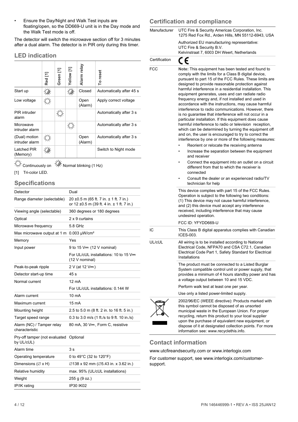 Led indication, Specifications, Certification and compliance | Contact information | Interlogix DD669-U User Manual | Page 4 / 12