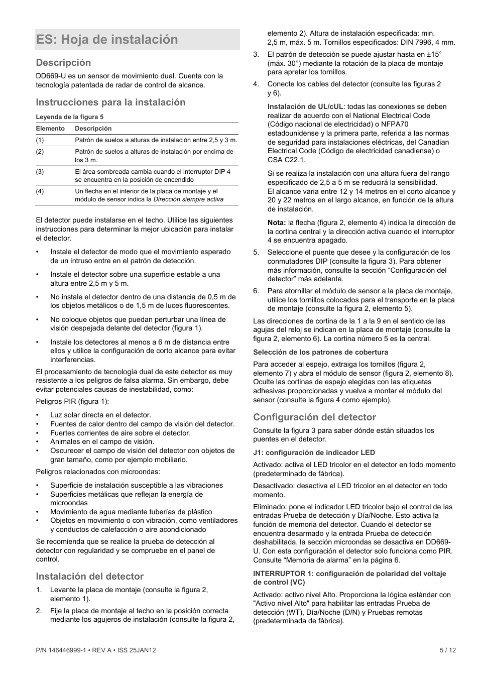 Es: hoja de instalación, Descripción, Instrucciones para la instalación | Instalación del detector, Configuración del detector | Interlogix DD669-U User Manual | Page 5 / 12