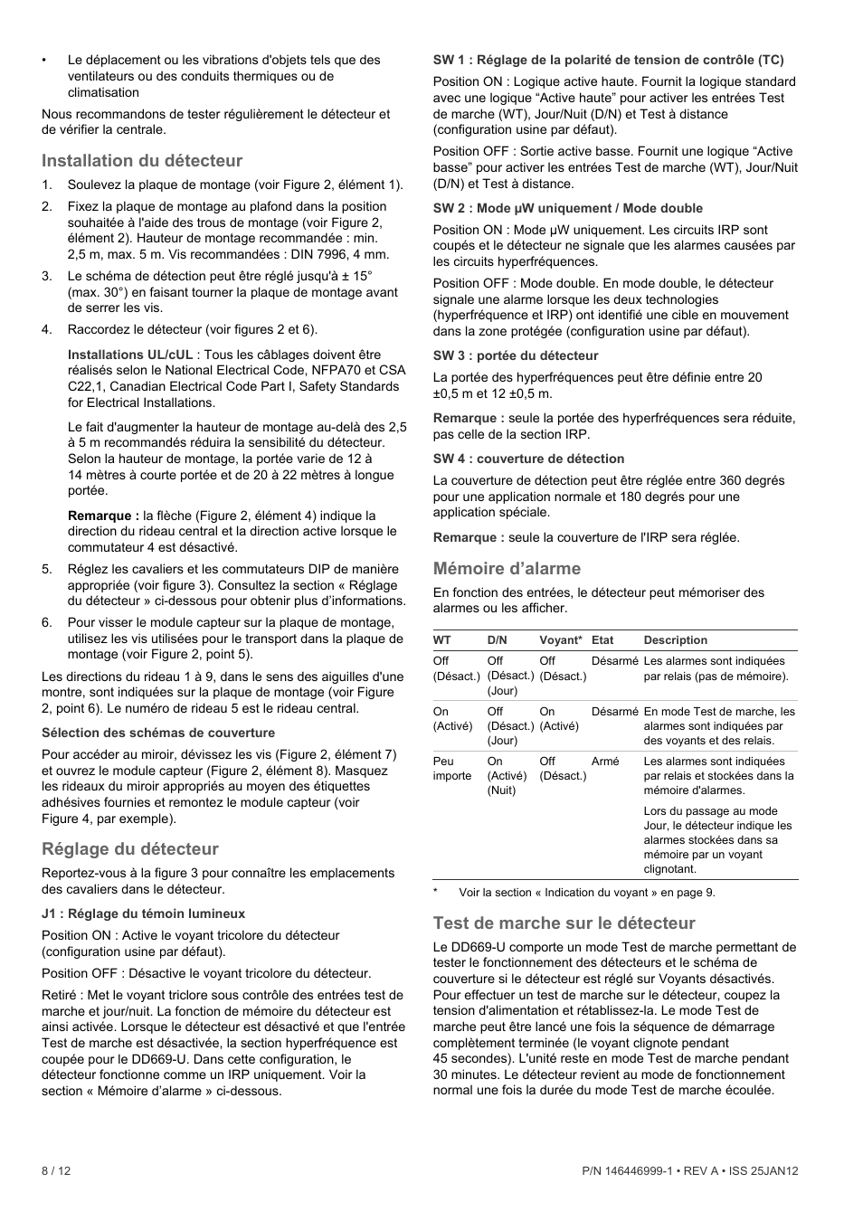 Installation du détecteur, Réglage du détecteur, Mémoire d’alarme | Test de marche sur le détecteur | Interlogix DD669-U User Manual | Page 8 / 12