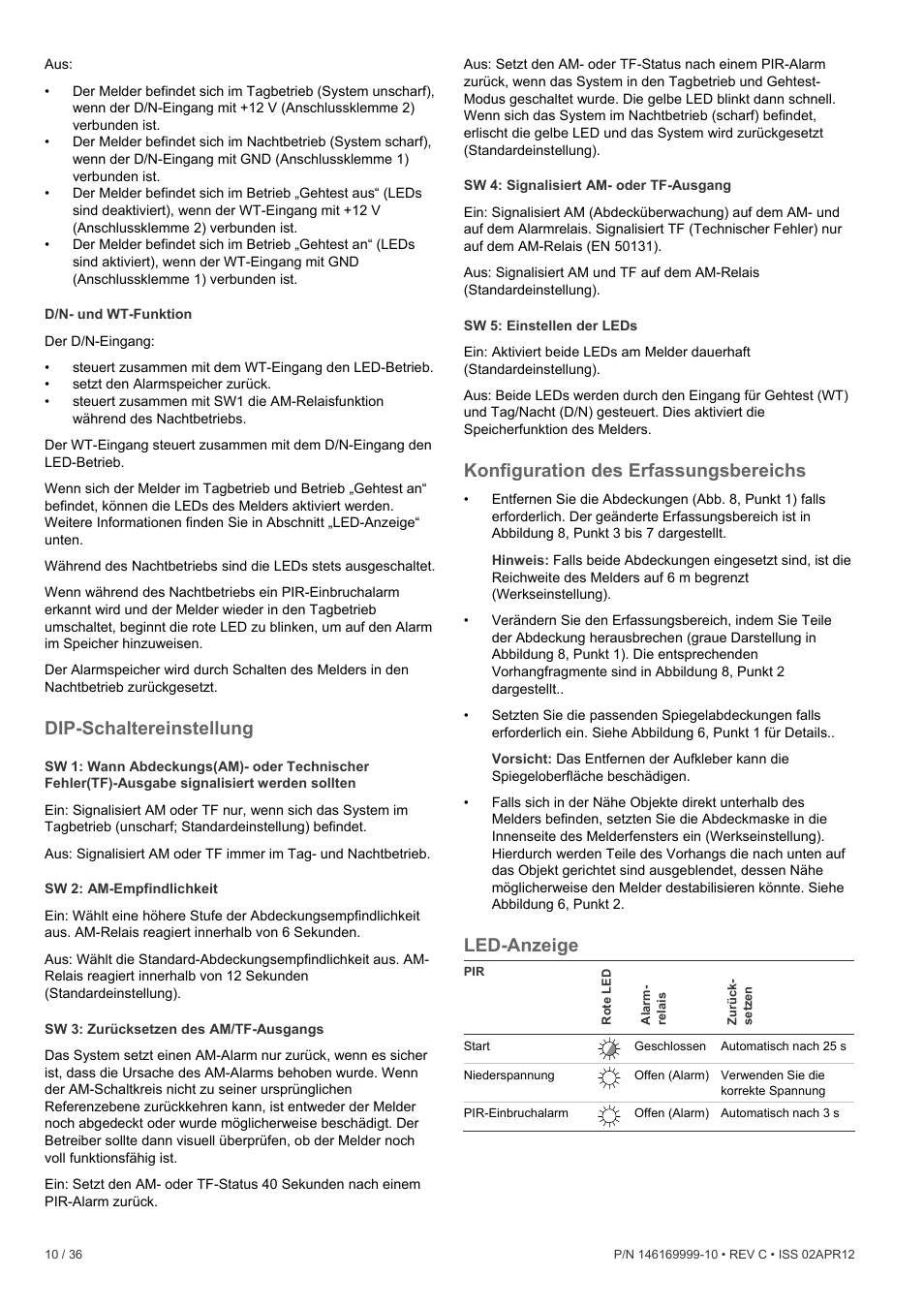 Dip-schaltereinstellung, Konfiguration des erfassungsbereichs, Led-anzeige | Interlogix EV1012 User Manual | Page 10 / 36