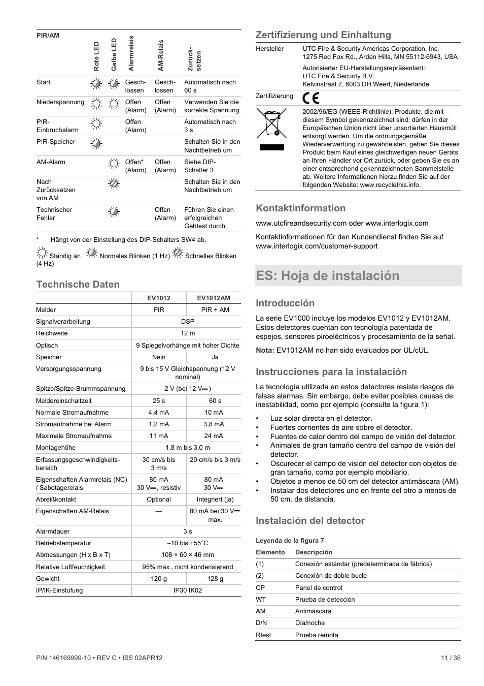 Technische daten, Zertifizierung und einhaltung, Kontaktinformation | Es: hoja de instalación, Introducción, Instrucciones para la instalación, Instalación del detector | Interlogix EV1012 User Manual | Page 11 / 36