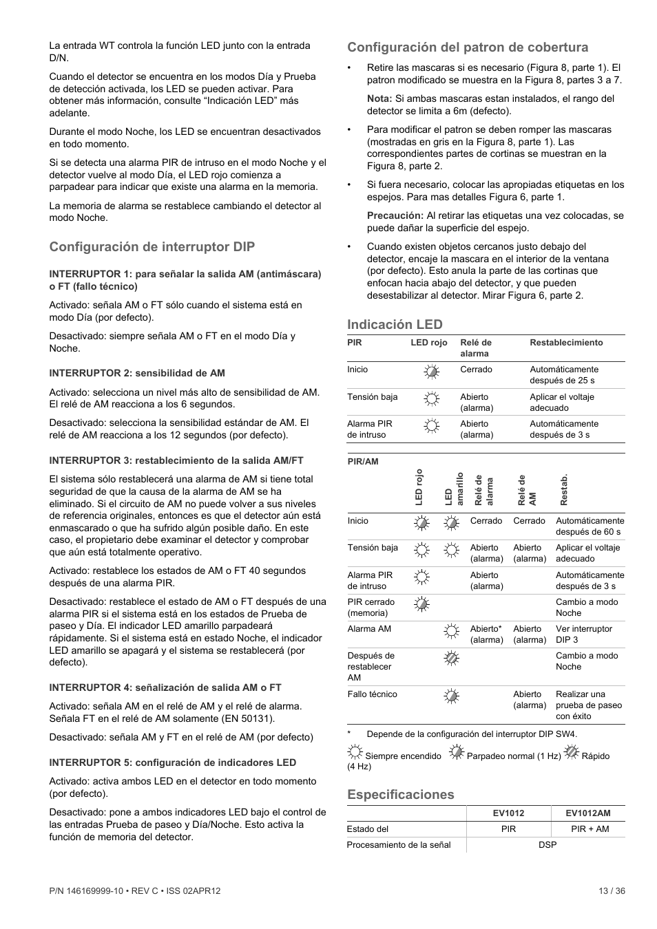 Configuración de interruptor dip, Configuración del patron de cobertura, Indicación led | Especificaciones | Interlogix EV1012 User Manual | Page 13 / 36