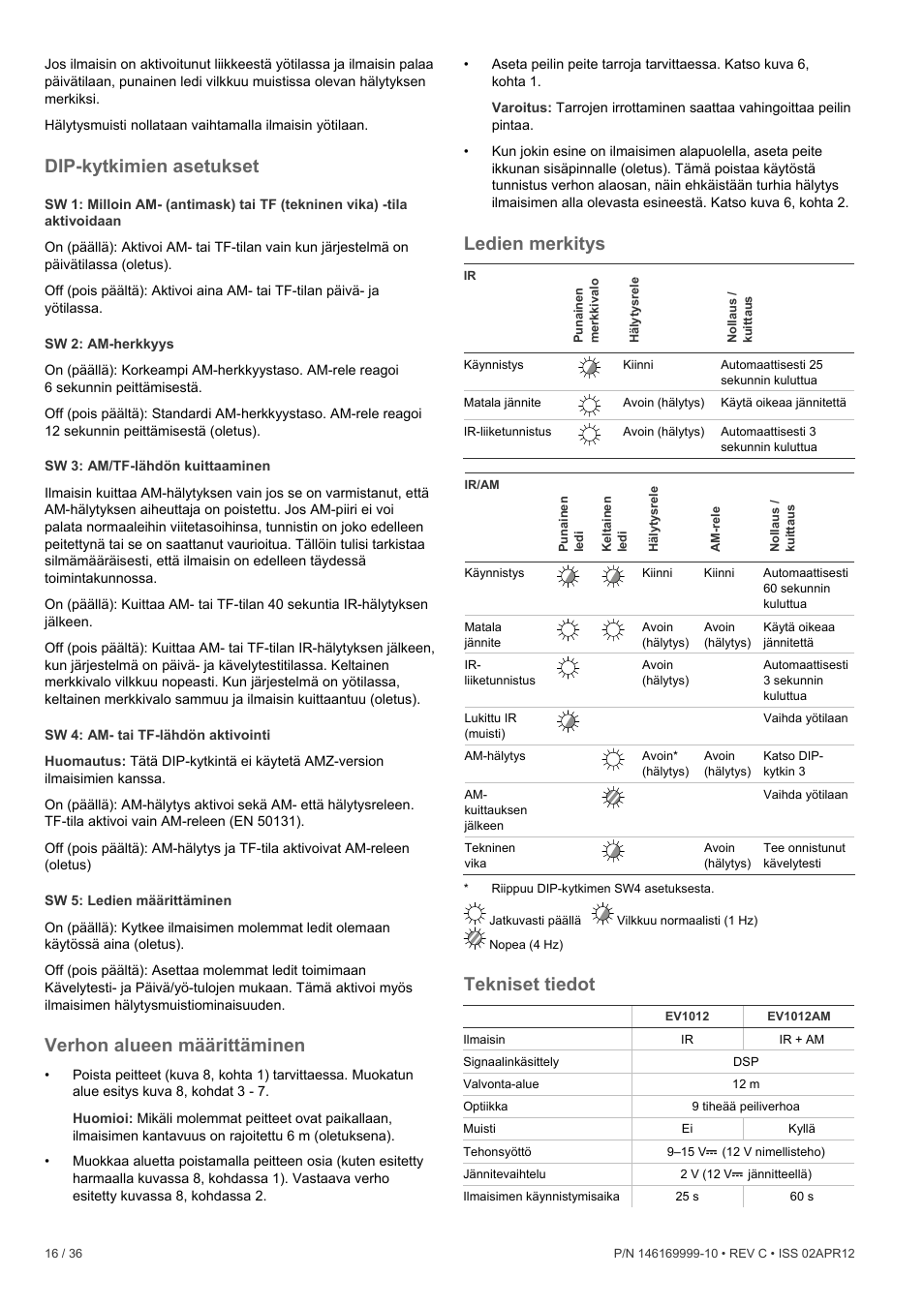 Dip-kytkimien asetukset, Verhon alueen määrittäminen, Ledien merkitys | Tekniset tiedot | Interlogix EV1012 User Manual | Page 16 / 36