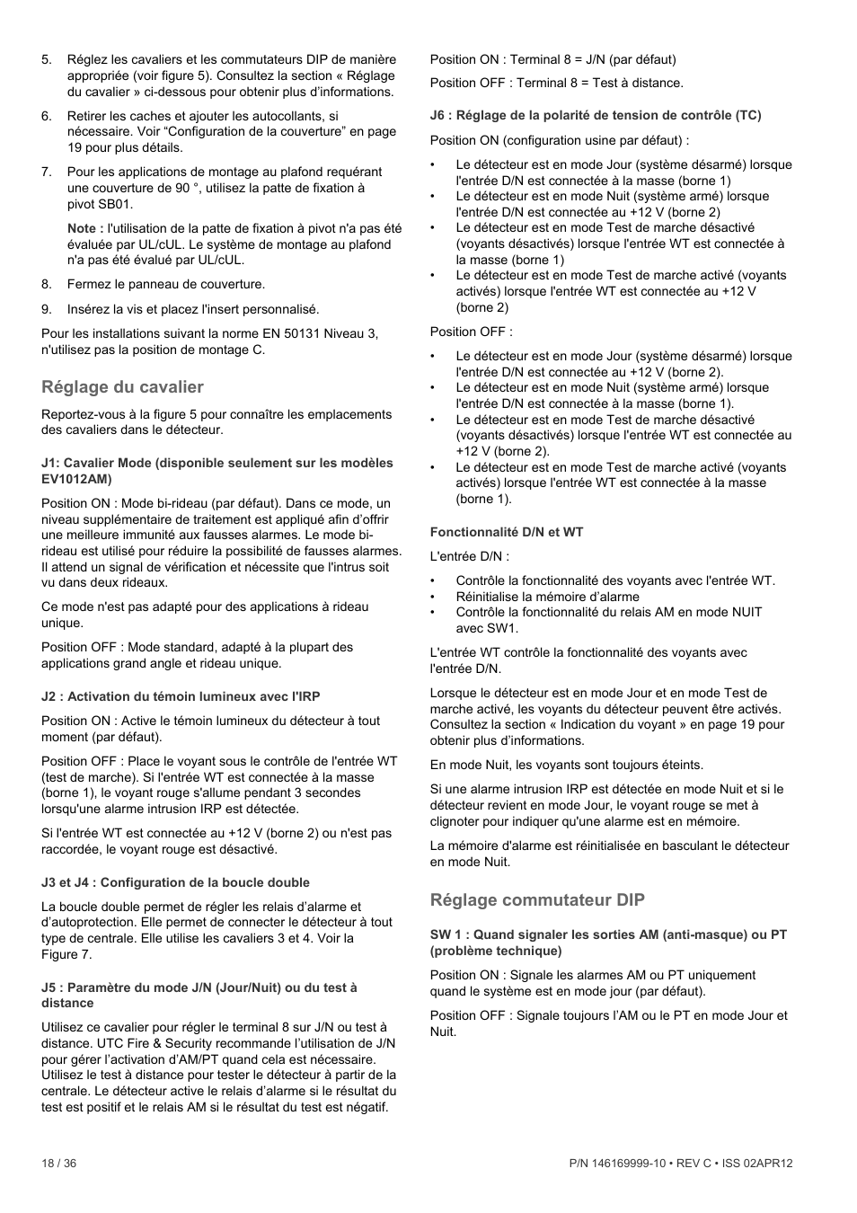 Réglage du cavalier, Réglage commutateur dip | Interlogix EV1012 User Manual | Page 18 / 36